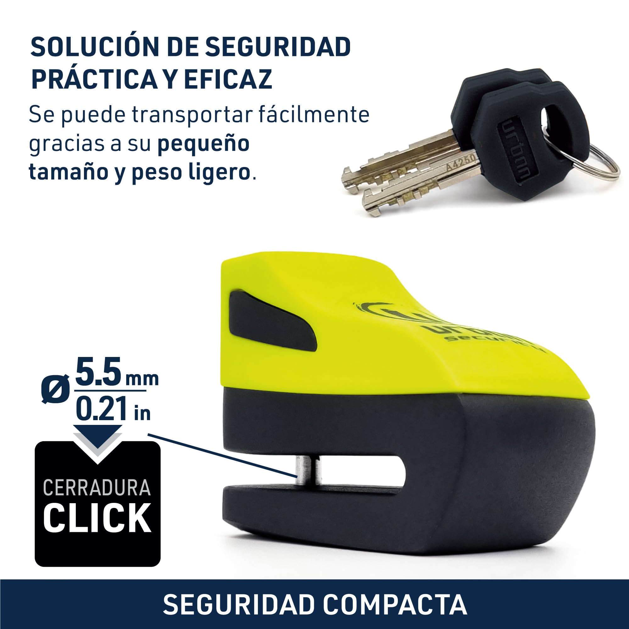 URBAN UR955Y Candado Moto Disco Universal, Seguridad Compacta y Eficaz, Más Visible Más Disuasorio, Rápido Bloqueo Click, Antirrobo Bloqueo Pinza Disco Freno Moto, Bicicleta, Patinete Electrico