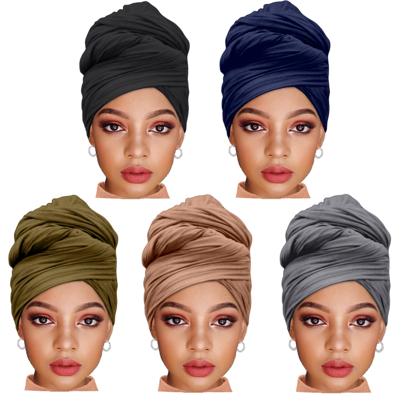ZRQ 5 Pieces Stretch Jersey Turban Fashion Headband Soft Breathable Long Lightweight and Comfortable Tie Head Wraps for Black Women (Black,Army Green,