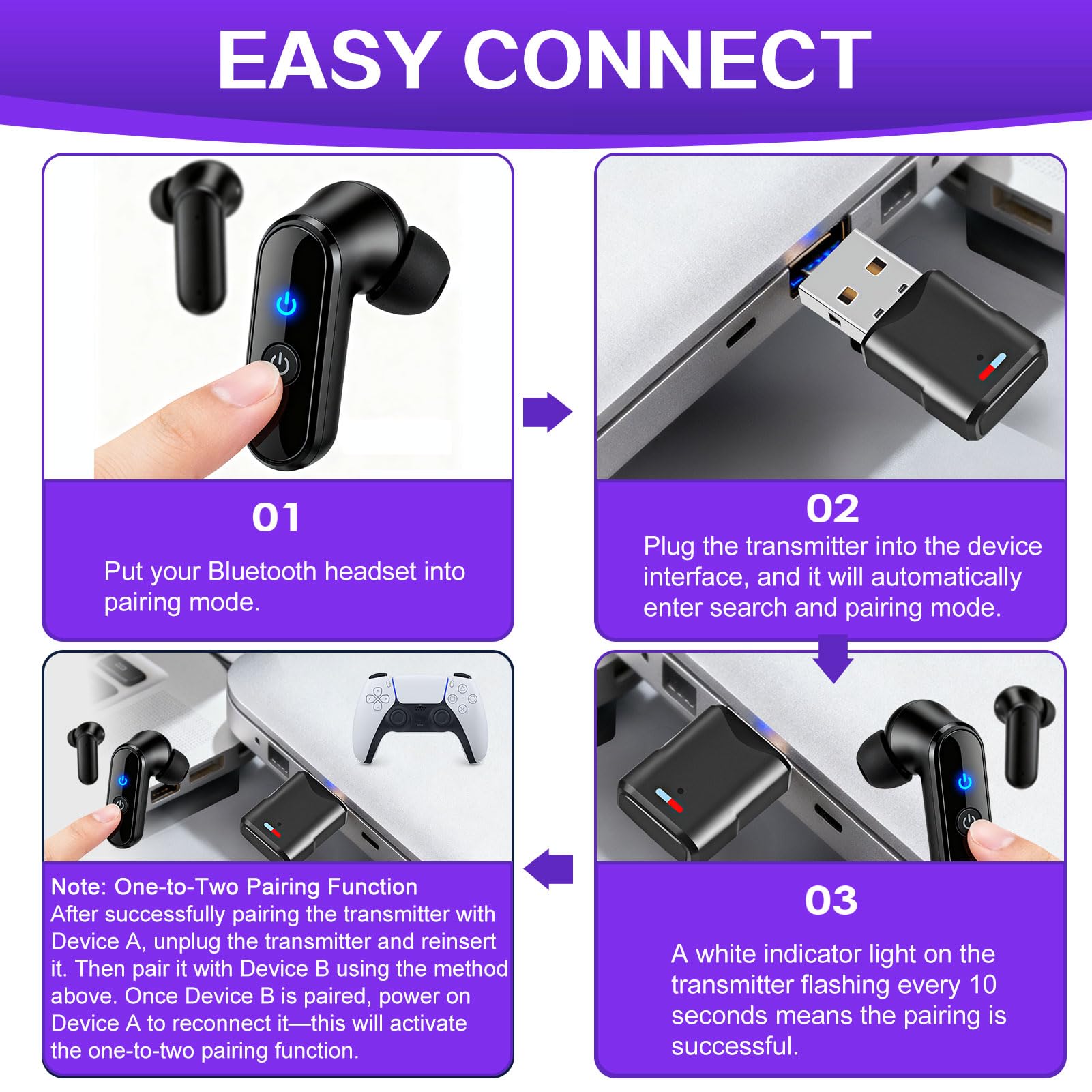 Adattatore USB Bluetooth 5.3 per PS5/PS4/SwitchConsole/PC, Dongle Dual Accoppiamento a bassa latenza Chiave Trasmettitore Ricevitore Audio Wireless per Windows/Macos/Cuffie/Altoparlanti