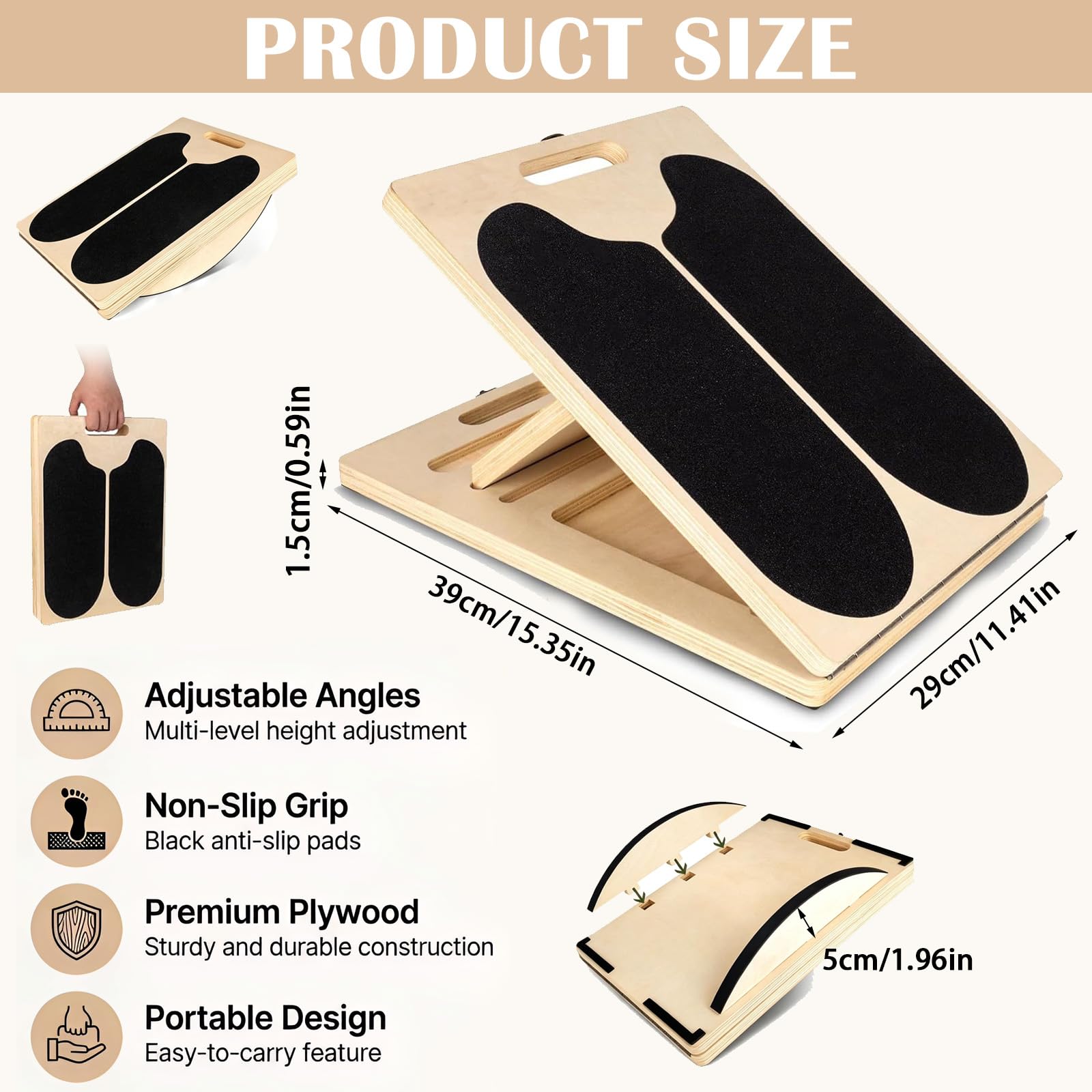 Panca inclinata per allungare i polpacci in legno, tavola obliqua 2 in 1 con 5 angoli e maniglia da trasporto, balance board per l’equilibrio, allenatore polpacci pieghevole