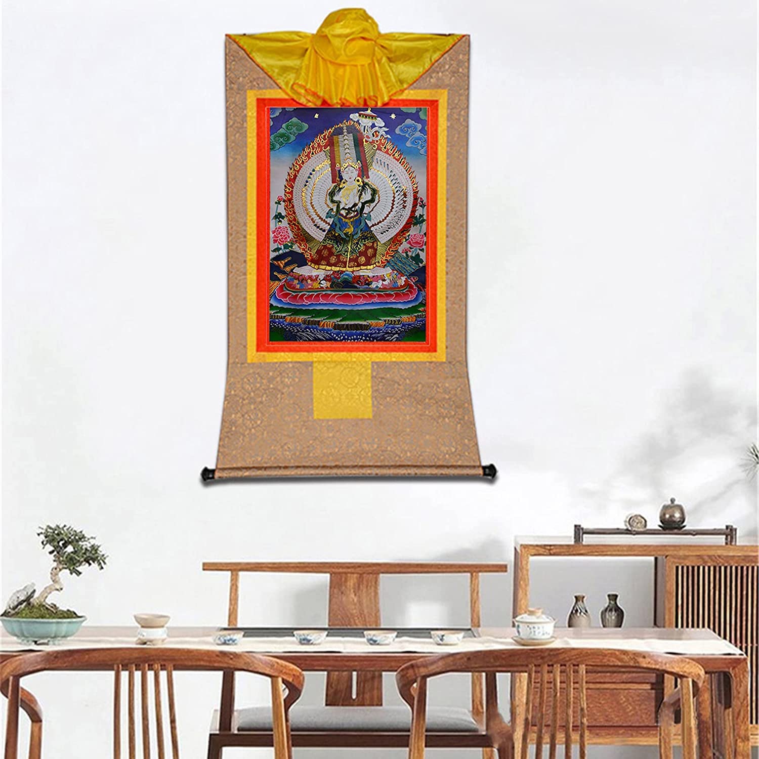 Gobelin Thangka, buddyjska statua malarstwa Buddy, gobelin Buddy ze zwojem, tybetańska statua Buddy do powieszenia na ścianie, buddyjska statua Buddy malarstwa brokatowego, gobelin Buddy ze zwojem, (