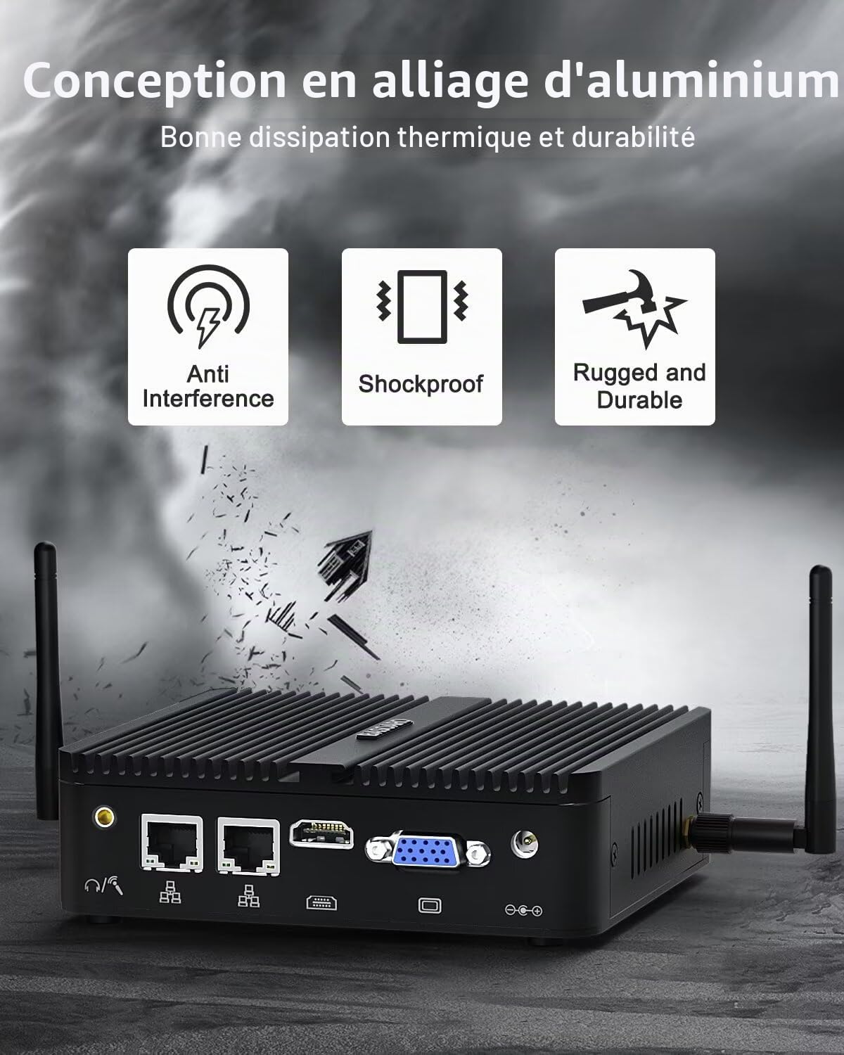 BASOARO PC Industriel Mini PC sans Ventilateur J5005, 8GB RAM 128GB SSD, Gigabit Ethernet, Double écran HD VGA, 2 RS232 COM, WiFi Dual Band, BT, Mini Ordinateur Win 11 Pro