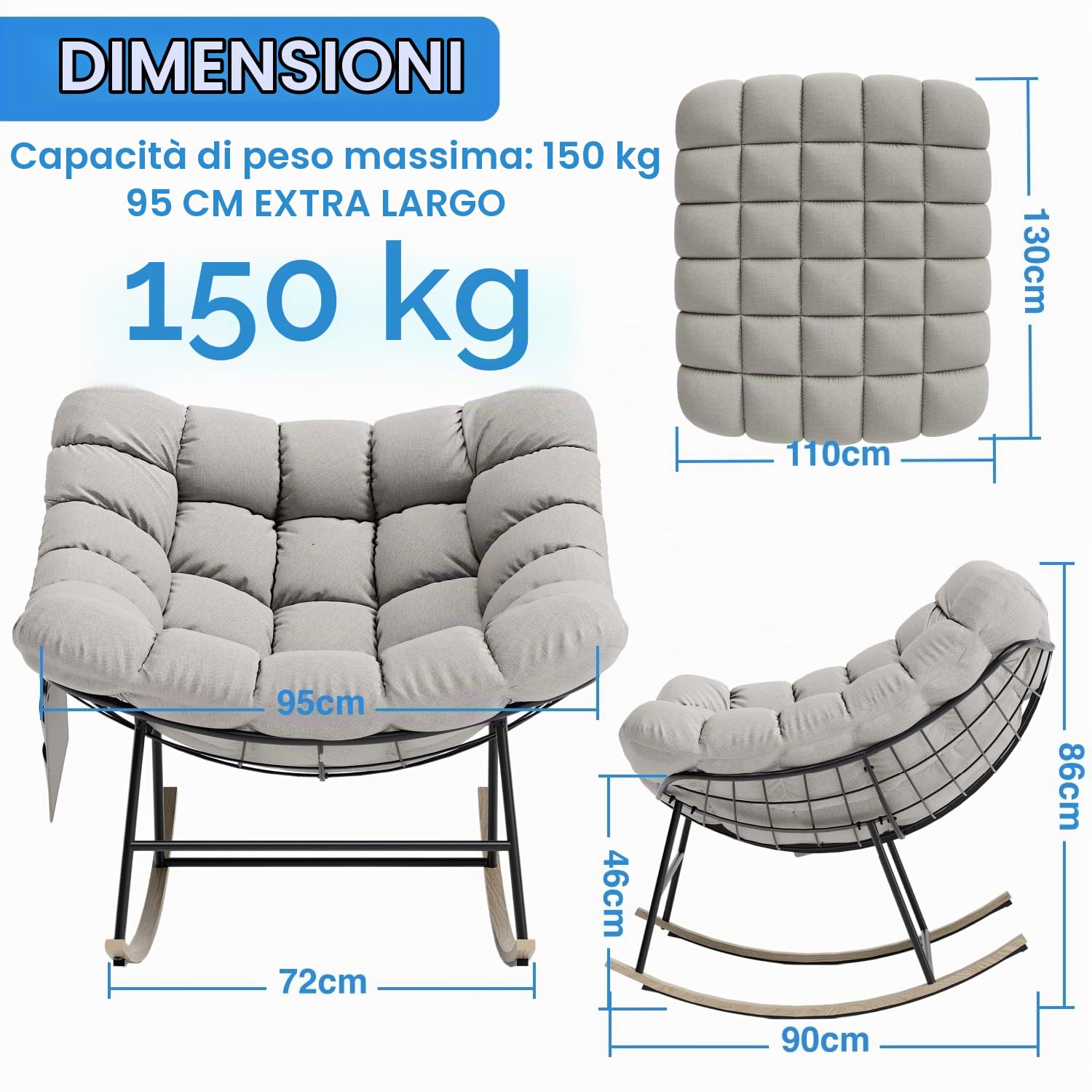 Sedia a Dondolo Esterno Oversize con Tasca Laterale per Soggiorno, Giardino | Poltrona a Dondolo Relax con Cuscino Imbottito, Struttura in Acciaio Portata 150kg Ergonomica per Interno, Camera da Letto