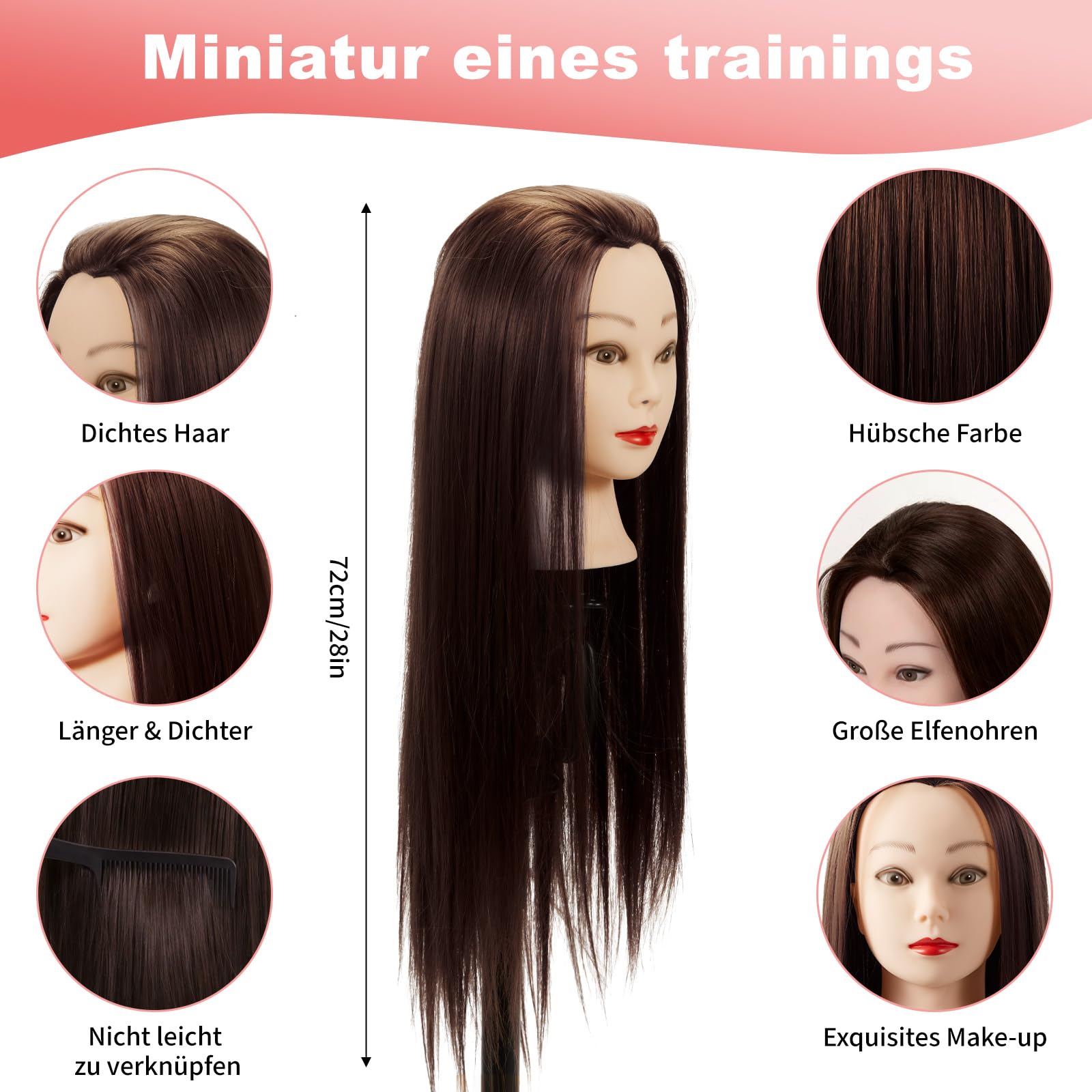 Trintion Frisierkopf Trainingsköpfe Übungskopf Friseur 28" Synthetik Haar Trainingskopf Frisurenkopf Puppenkopf Frisierkopf Halter mit DIY Haar Zubehör Styling Set (28" Dunkelbraun+Kammset)