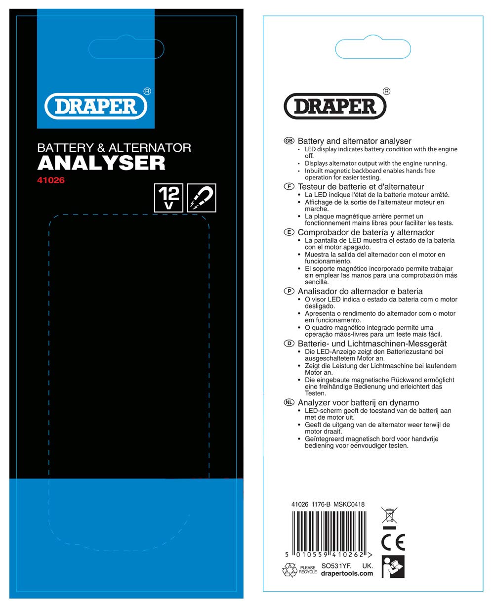 Draper Tools 41026 Battery & Alternator Digital Tester for 12V DC Vehicle Systems, Blue on Black