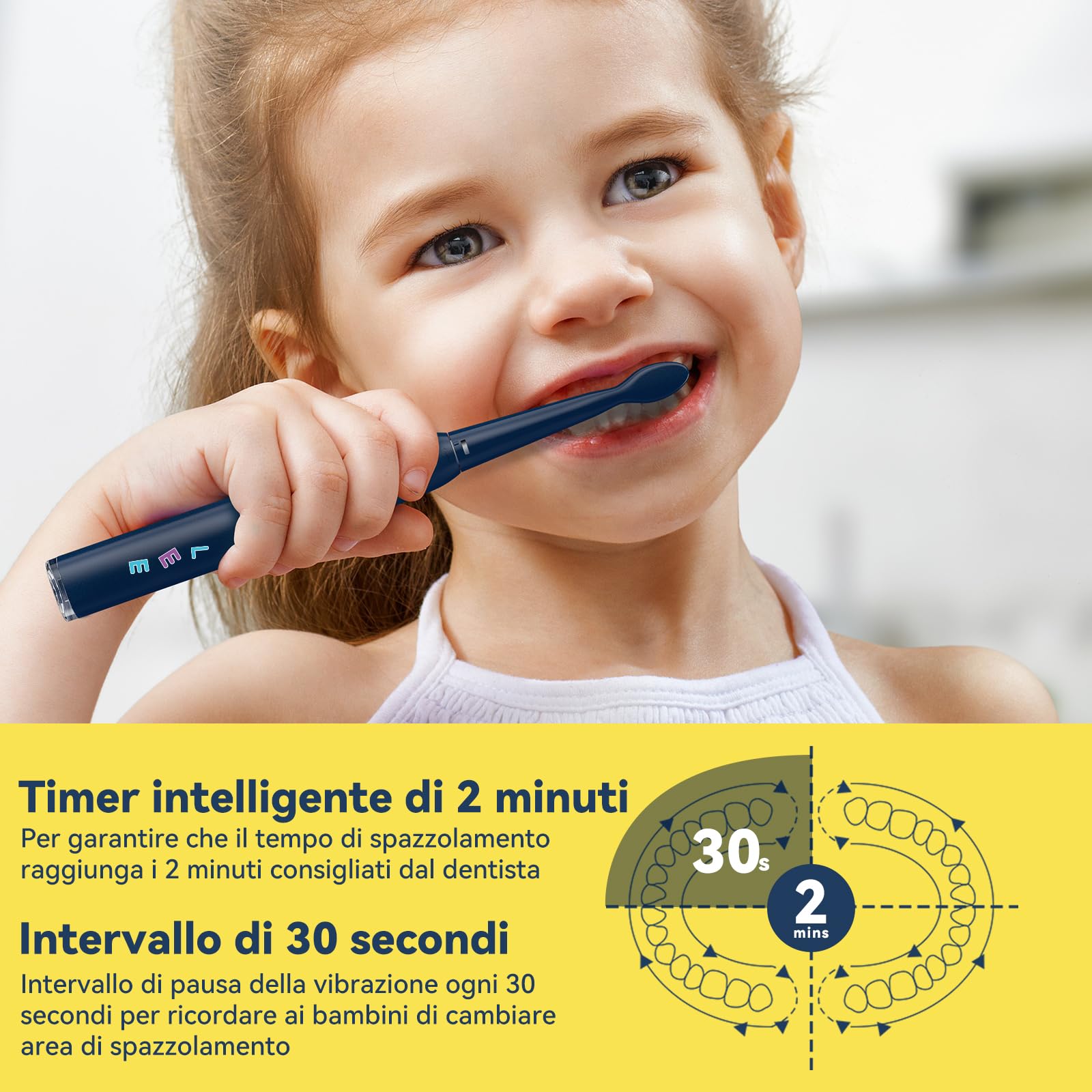 Seago Spazzolino Elettrico Bambini 6-12 Anni, Spazzolini Elettrici per Bambini Con Adesivi Fai Da Te Divertenti, Timer Da 2 Minuti, 4 Testine Spazzolino Bambini,Impermeabile IPX7 SG-2303, Blu