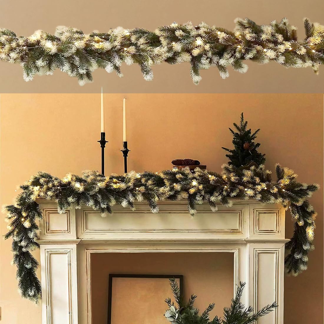 Christmas Garland with Lights, Battery Operated Garland with Timing Function for Home Stairs Fireplace Front Porch Door Display Indoor Christmas Decoration