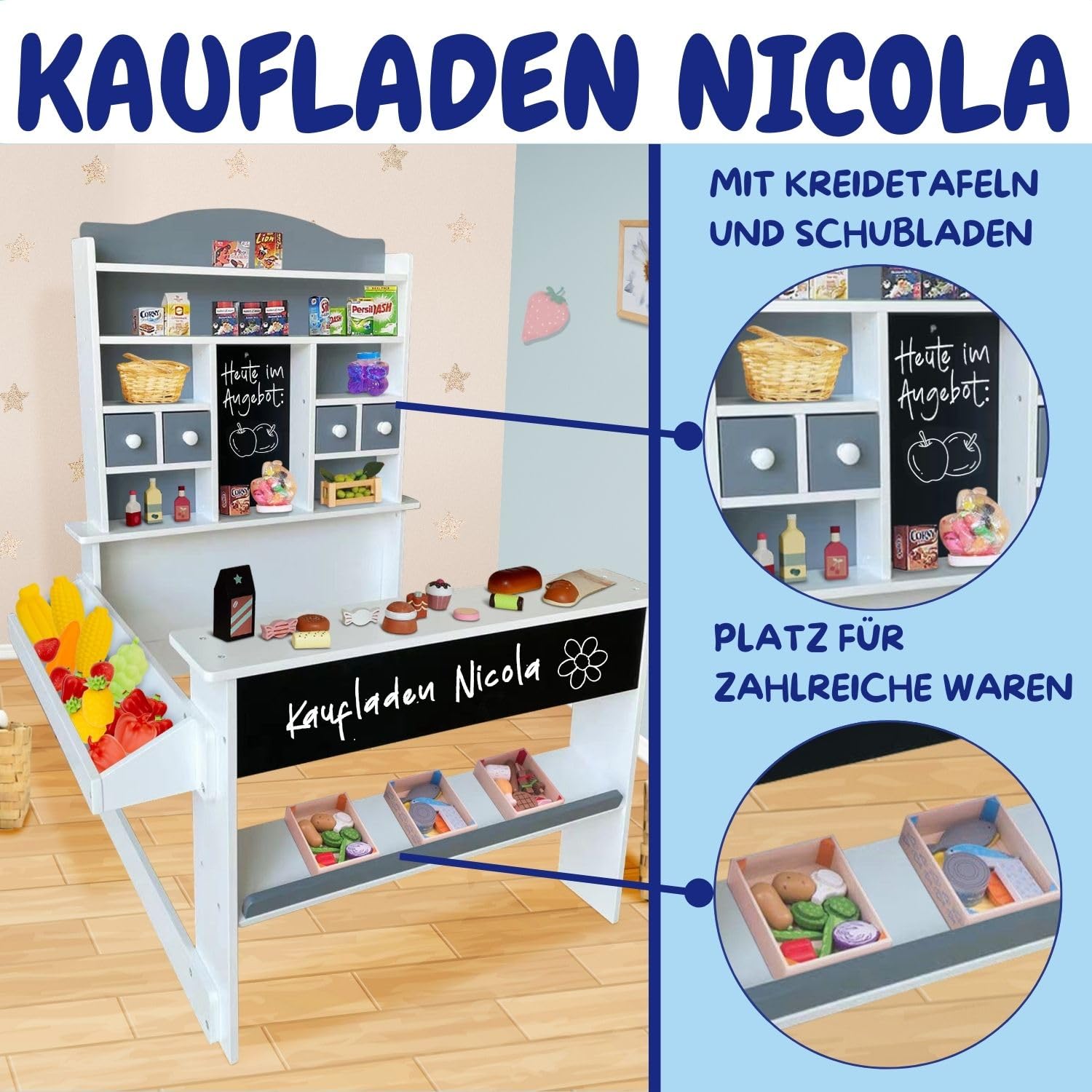 Coemo Kaufladen Nicola Kinder Kaufmannsladen aus Holz, Verkaufsstand Theke, Tafel, Seitentheke & Schublade Marktstand als tolles Geschenk, Grau
