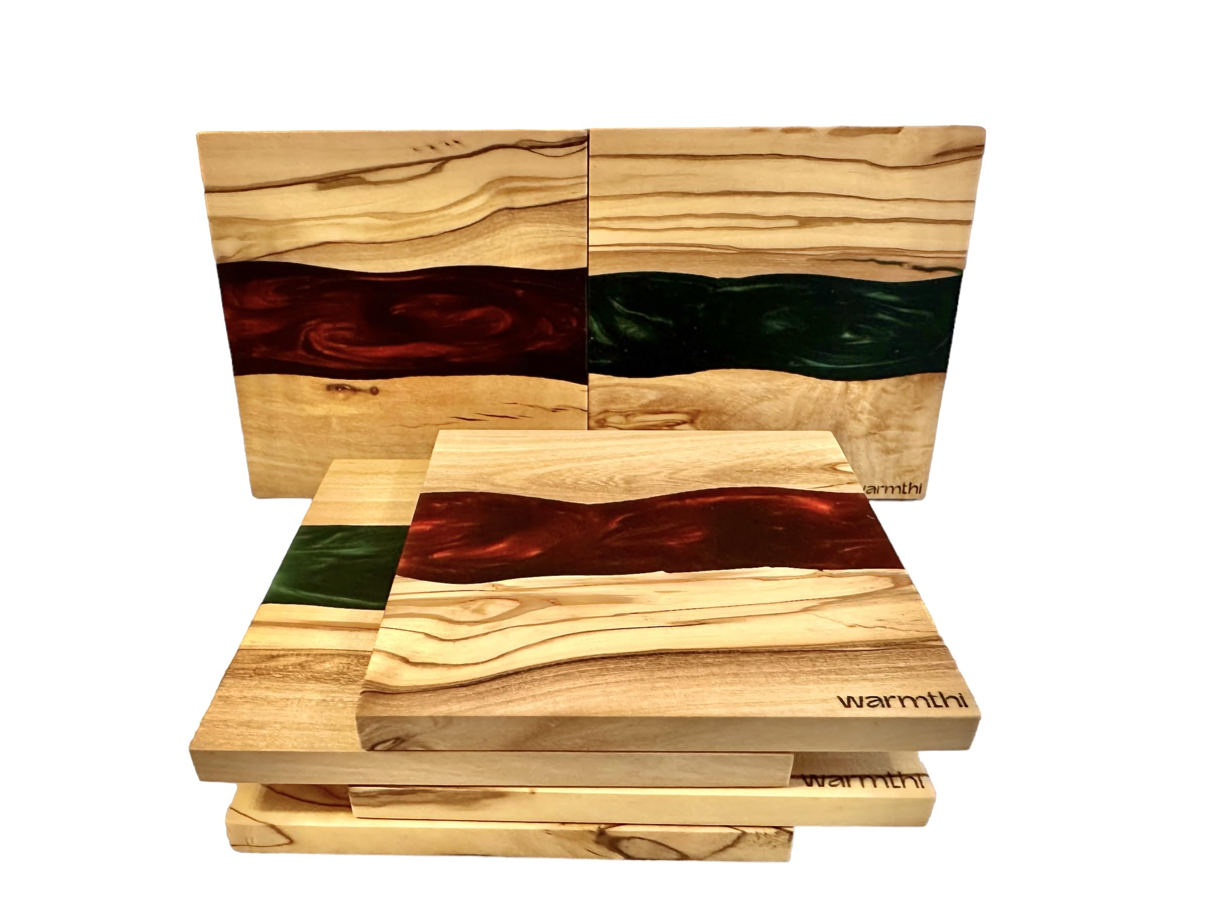 Warmthi Drink Coaster Set of 6, Square Red and Green, Handmade with Olive Wood and Epoxy Resin
