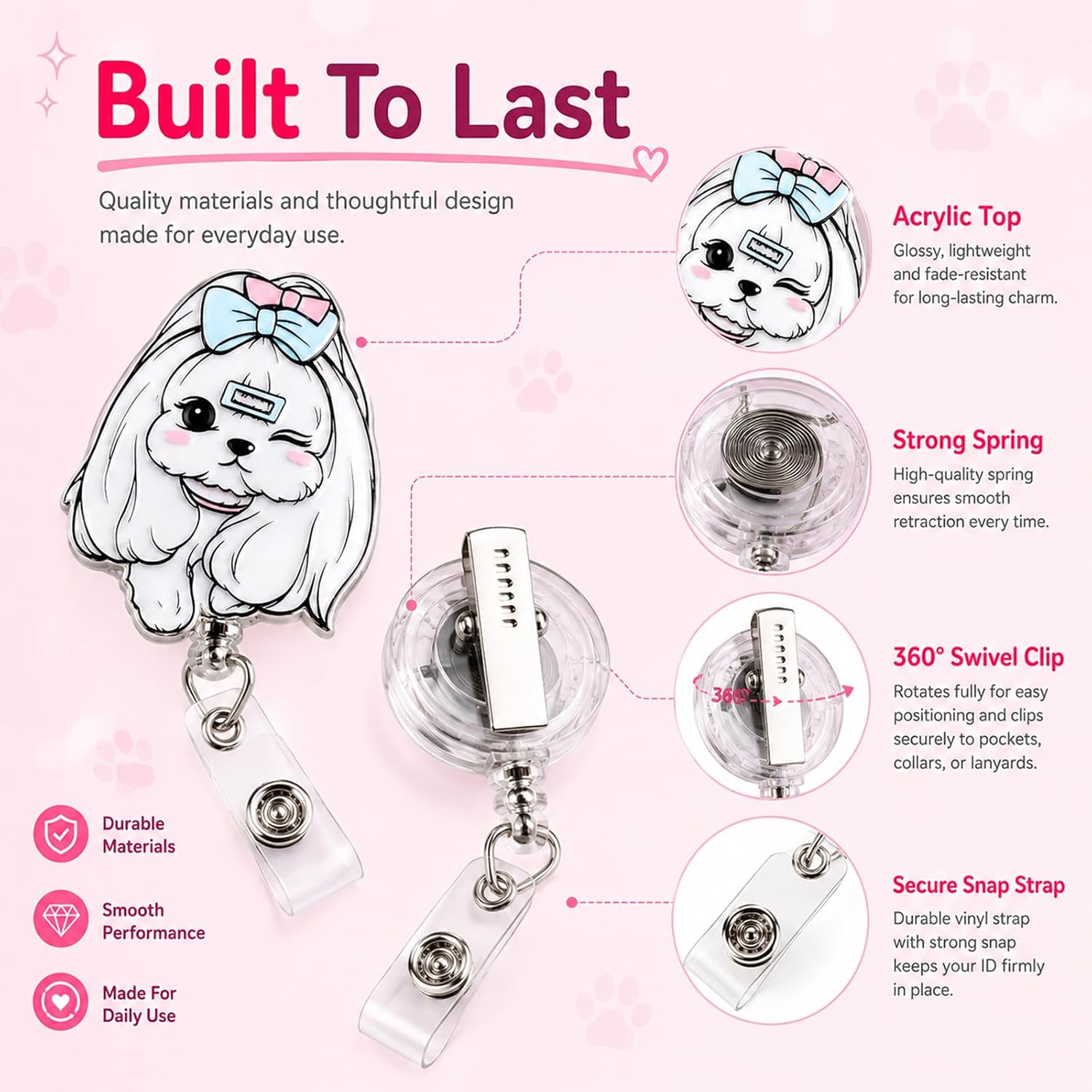 Cute Puppy Badge Reel Retractable ID Holder, Dog Mom Badge Reel with Pink Blue Bow, Nurse Badge Holder for Vet Techs, Groomers, Medical Assistants, Teachers, Dog Lover Gift, Swivel Alligator Clip image 3