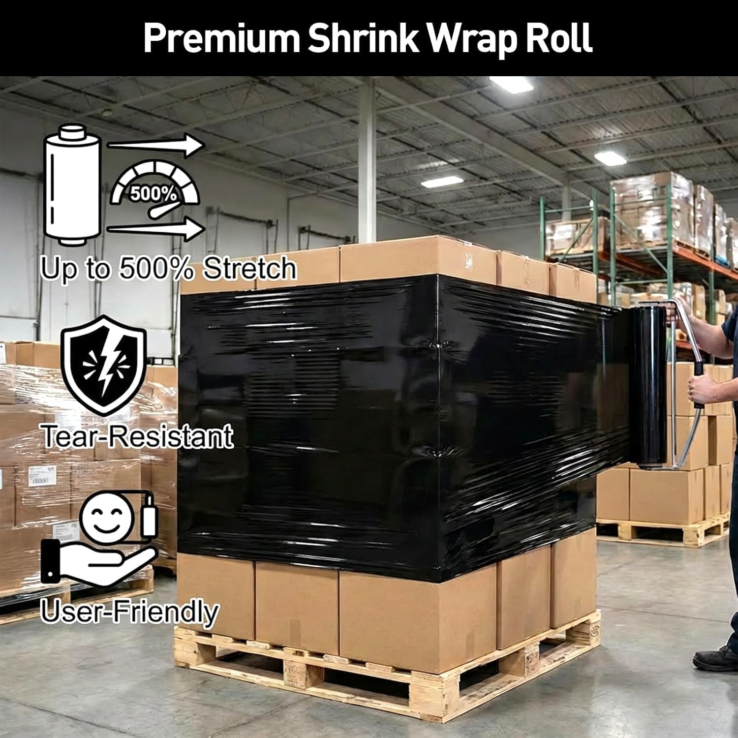 2-Pack Black Pallet Wrap| 18" Wide × 1500 ft Long | Heavy Duty Stretch Wrap| Ideal for Packing, Shipping & Storage | Industrial-Grade Shrink Film, Performance Replaces 80 Gauge Wrap