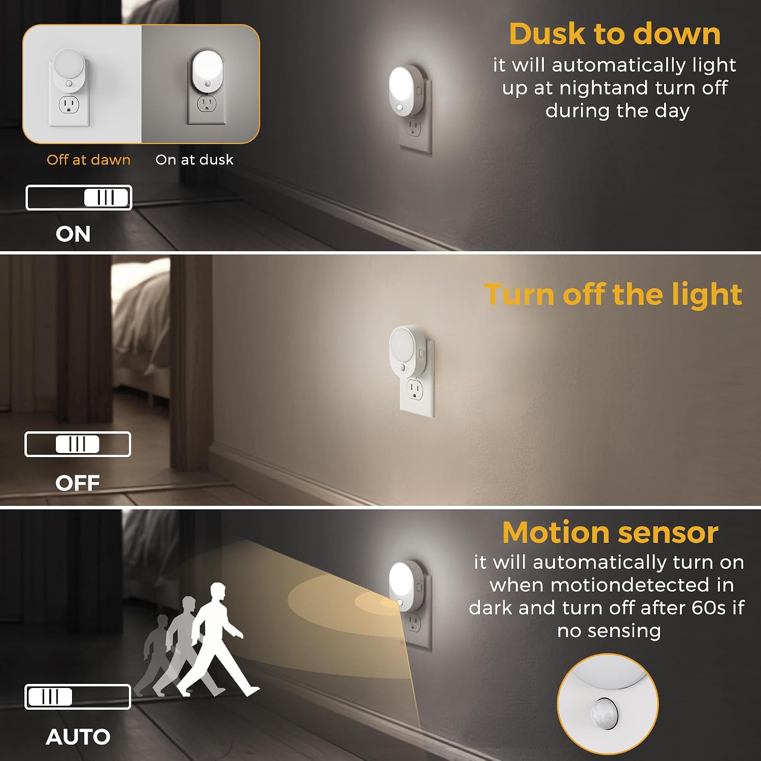 L LOHAS LED Plug in Night Light with Motion Sensor and Dusk to Dawn Sensor,[4-Pack] Night Lights Plug into Wall,5000K Daylight White,30/60/100LM Dimmable Nightlight for Bathroom Hallway