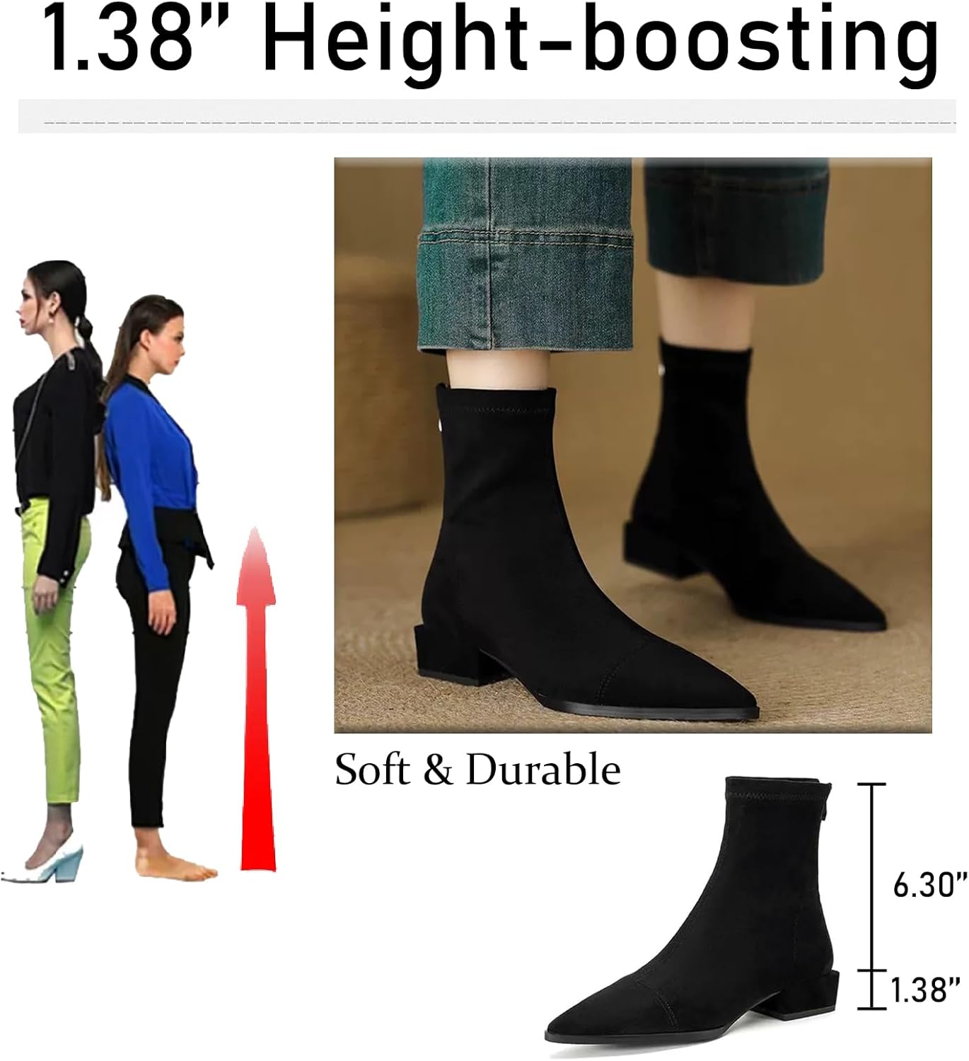 Women's Suede Chunky Heel Ankle Boots with Back Zipper Retro Comfortable Pointed Toe Low Heel Short Bootie Fall Winter Daily Casual Dress Boots - Image 2