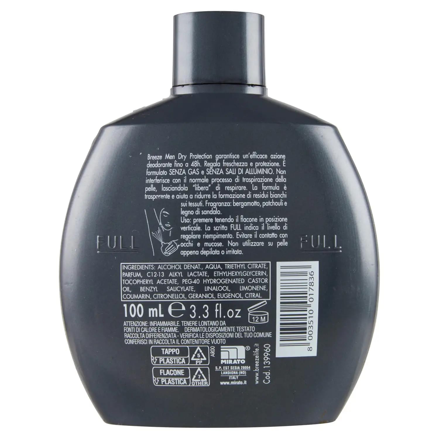 Breeze Men Dry Protection Desodorante Squeeze Squeeze, desodorante sin gas y sin sales de aluminio, desodorante aromático de 48 horas para hombres, 100 ml + llavero Beni Culinari gratuito