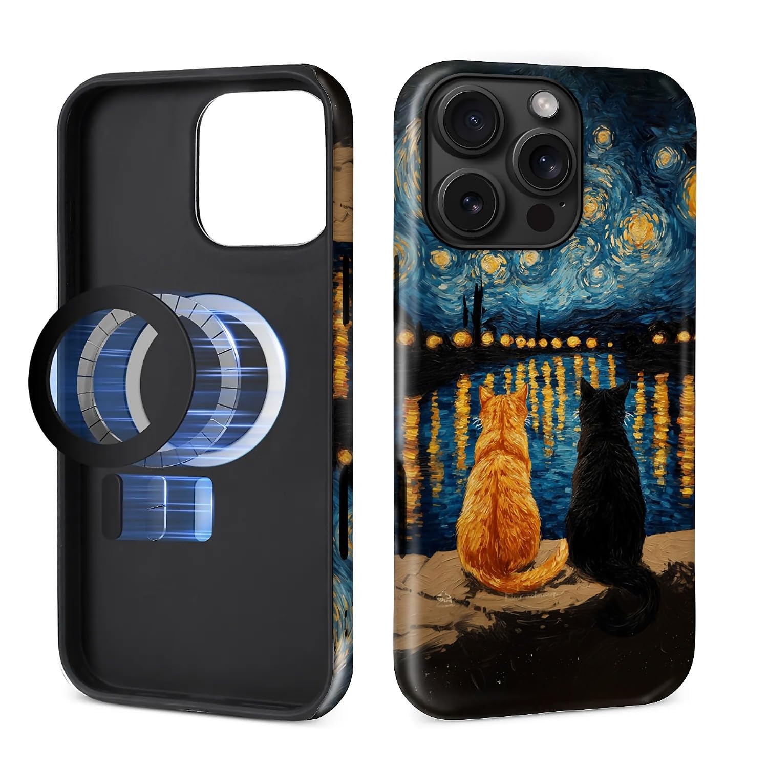 CARLOCA Custodia protettiva lucida per iPhone 16 Pro, compatibile con Magsafe, custodia protettiva lucida per ragazza e ragazzo, antiurto, carica magnetica, motivo pittura a olio, arancione e nero