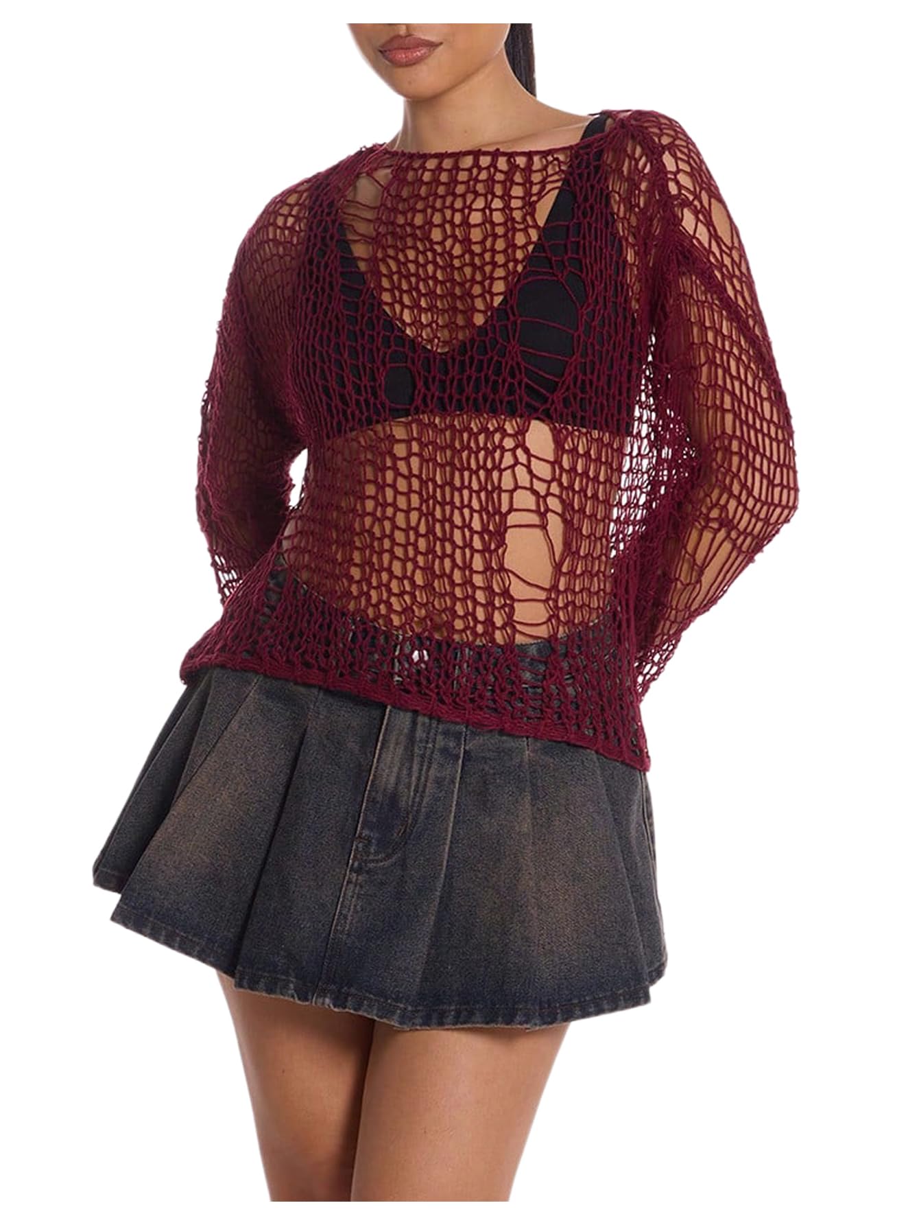 SHENHE Women's Distressed Grunge Sweater Y2k Gothic Off The Shoulder Top