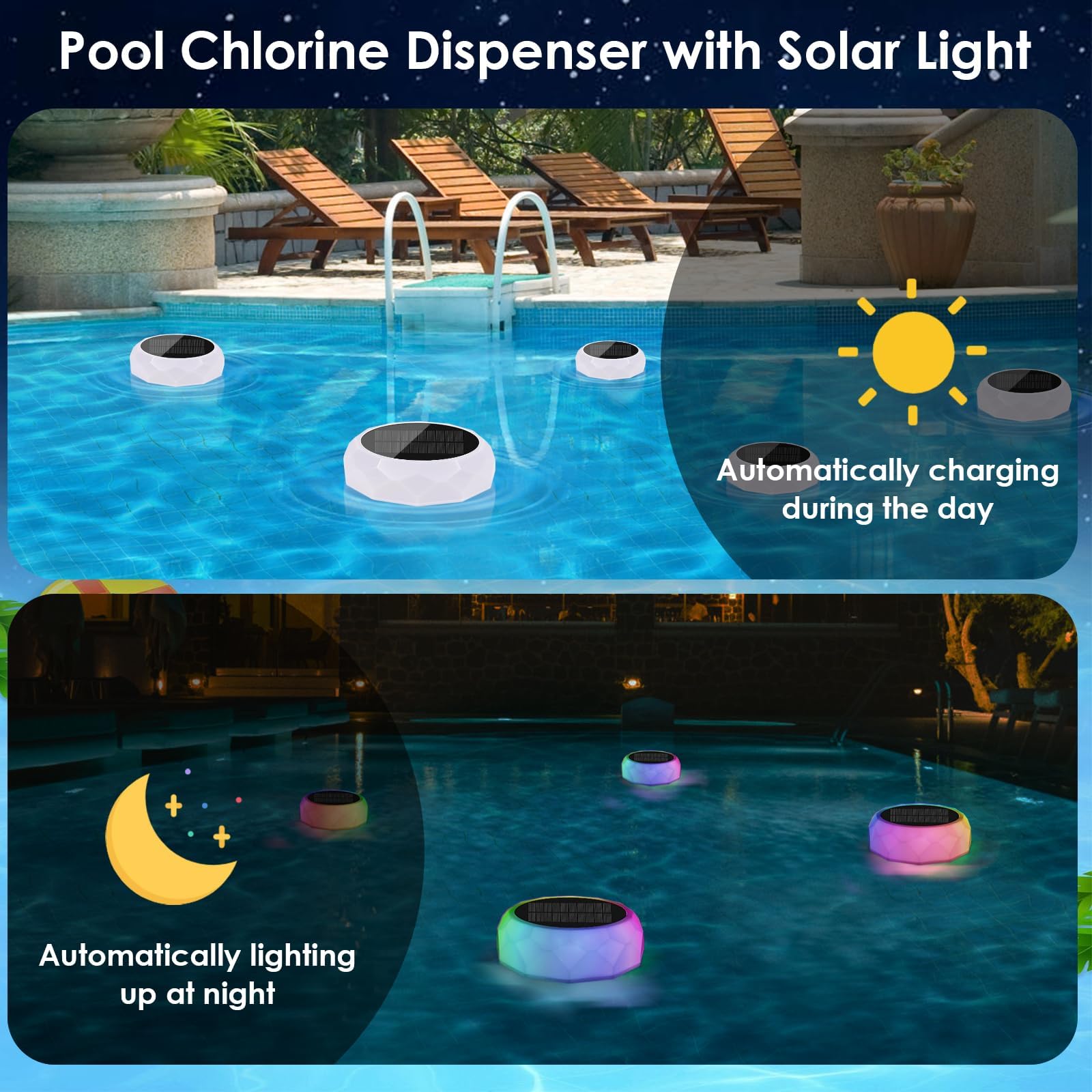 lazycozy® Pool-Chlor-Schwimmer mit Solarleuchten – für bis zu 5 Stück 7,6 cm Chlortabletten (nicht im Lieferumfang enthalten), mit hellen Farbwechsel-Lichtern, für die Wartung des Eaiser-Pools