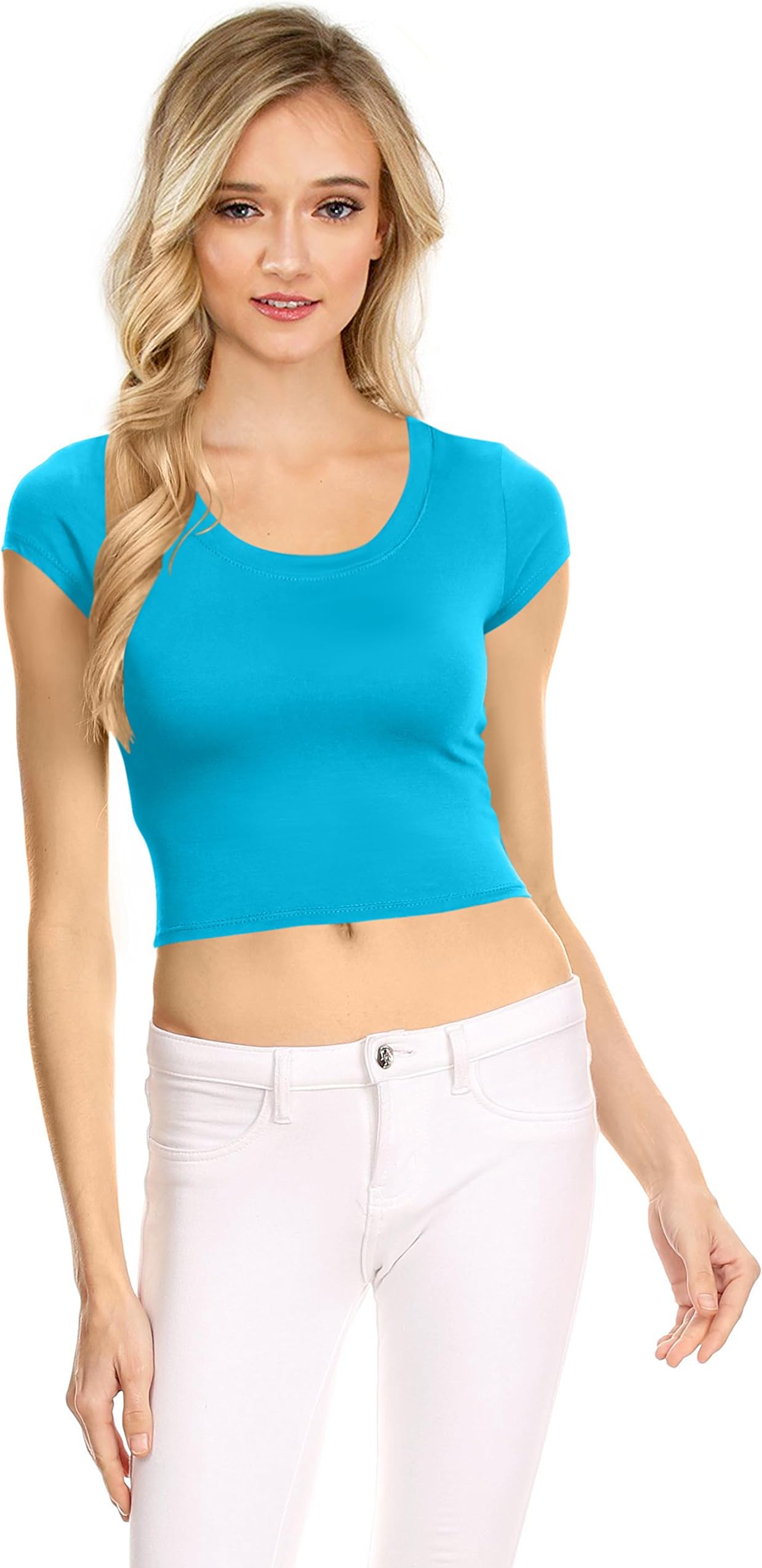 NYL Womens Basic Short Sleeve Scoop Neck Crop Top - USA, XXX-Large, Turquoise