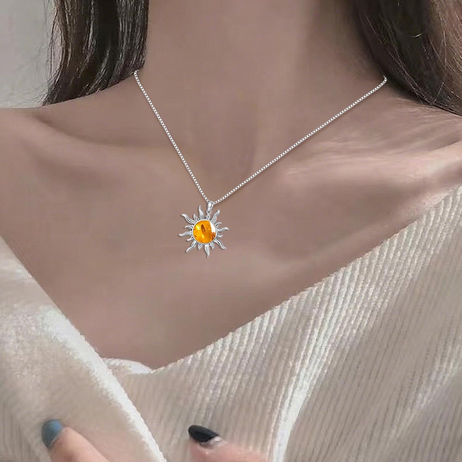 Sun Genuine Amber Pendant Necklace 925 Sterling Silver Healing Natural Gemstone Jewelry for Women Amber Lover - Image 4