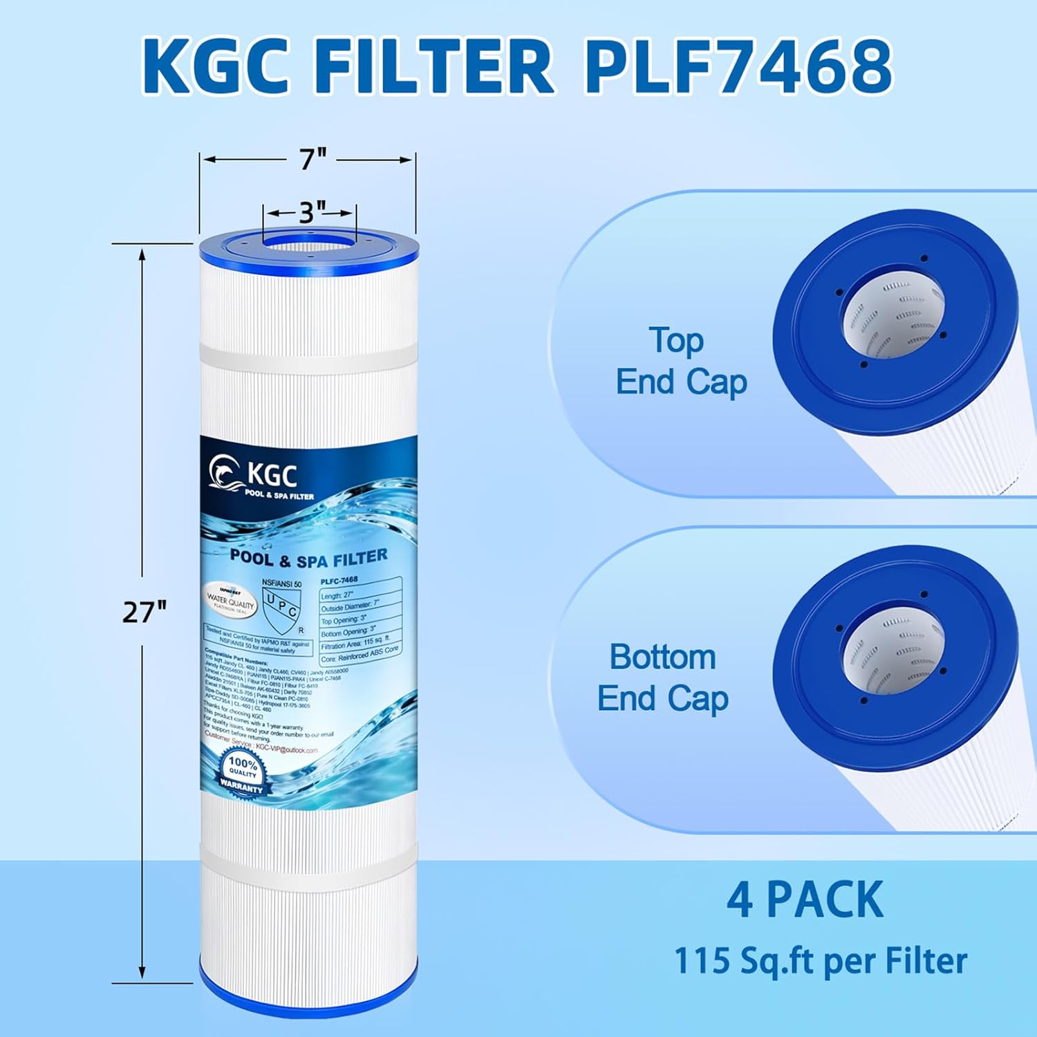 KGC C-7468 Pool Filter Cartridge Replaces for Jandy CL 460/CV460 - for PJAN115, for Ultral-A9, for Unicel C-7468, for Filbur FC-0810, for XLS-705/FC-6410, for Aladdin 21501, 26.94"x7.12"- 115 sq.ft