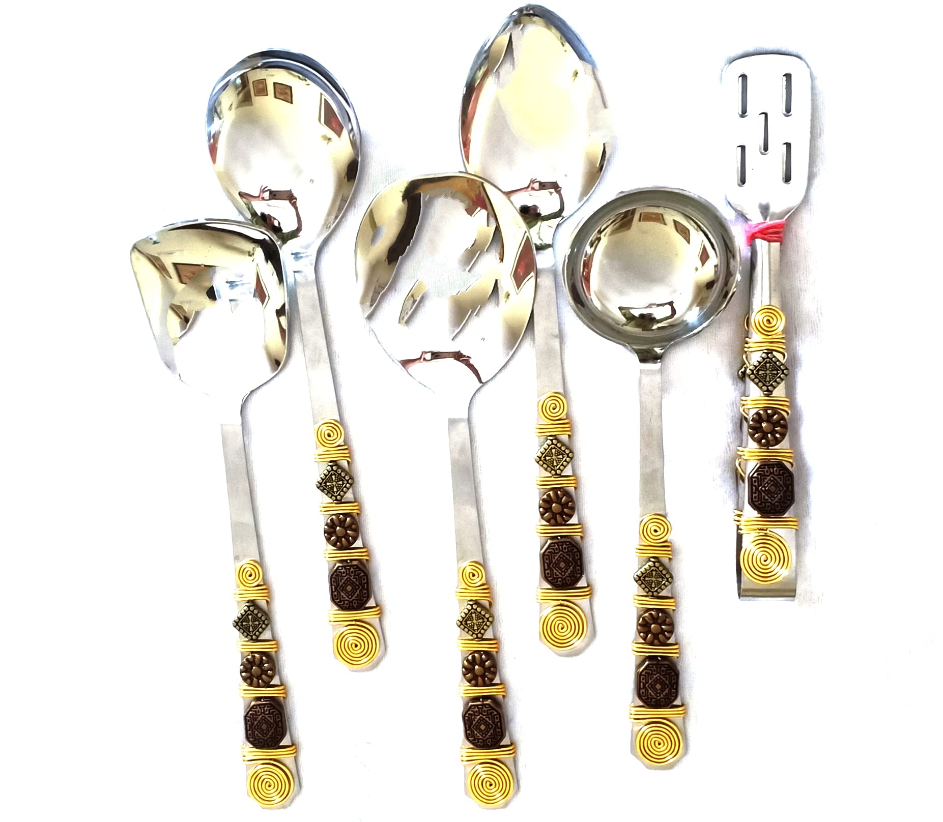 JewelKraftJewelKraft Serving Spoons Flatware for Dal, Rice, Curry, Baked, Dry Vegetable, roti Tong Set of 6 Long 11 inch Serving Spoons