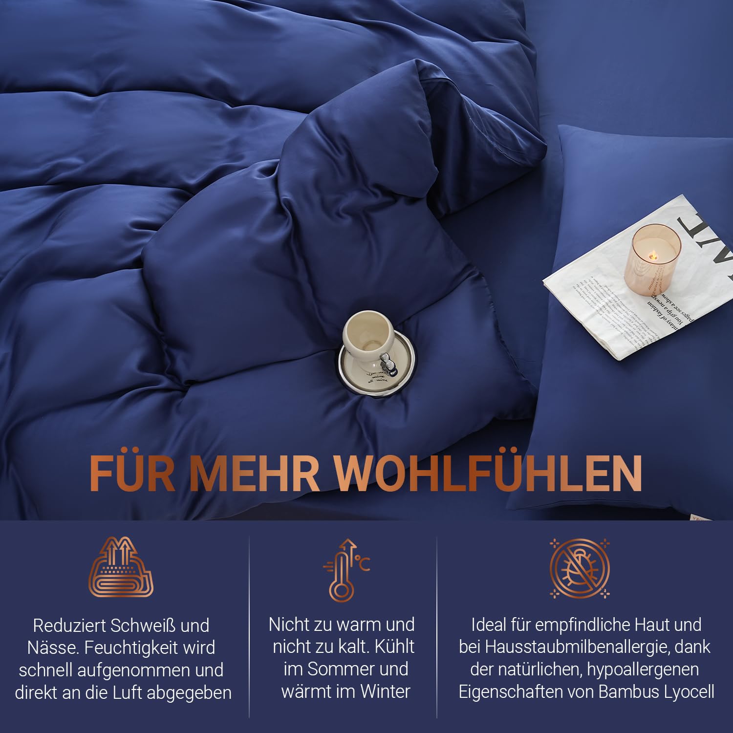 Bambus Lyocell Bettbezug 200 x 200 cm Marineblau - Weiche Allergiker Bettwäsche - Kühlender Deckenbezug aus Bambus - Nachhaltige und atmungsaktive Luxus-Bettwäsche