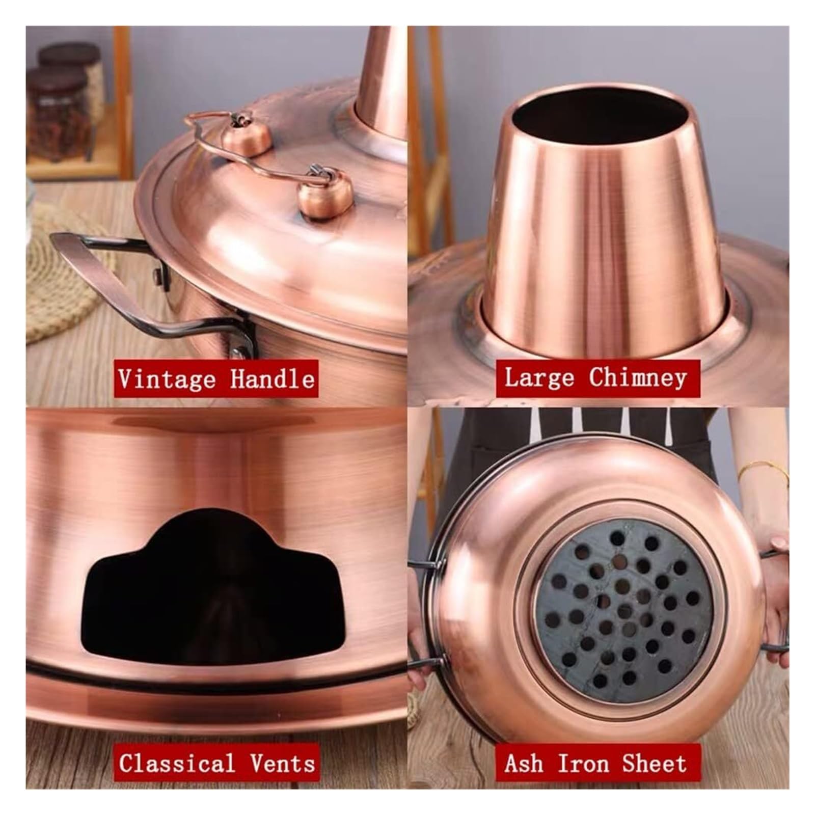 Pentola calda cinese in rame per fonduta, stile vintage shabu shabu, con manico, in acciaio inox, per zuppa cinese, pentola da cucina per casa, feste, ristorante, bronzo, rosso, rame, 28 cm