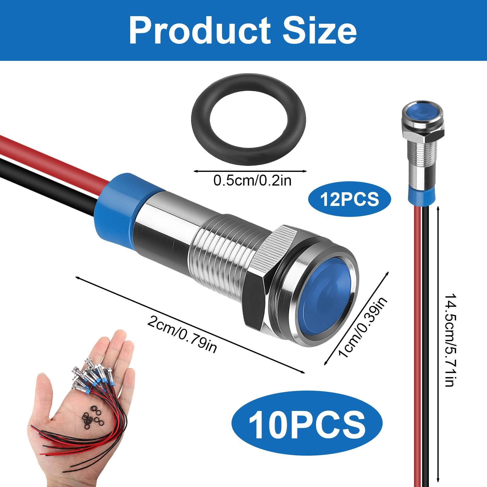 10 luci di controllo a LED da 6 mm, in metallo, 12 V, 24 V, impermeabili IP66, con cavo, per auto, barca, camion, cruscotto, set di 5 colori (rosso/verde/giallo/blu/bianco)