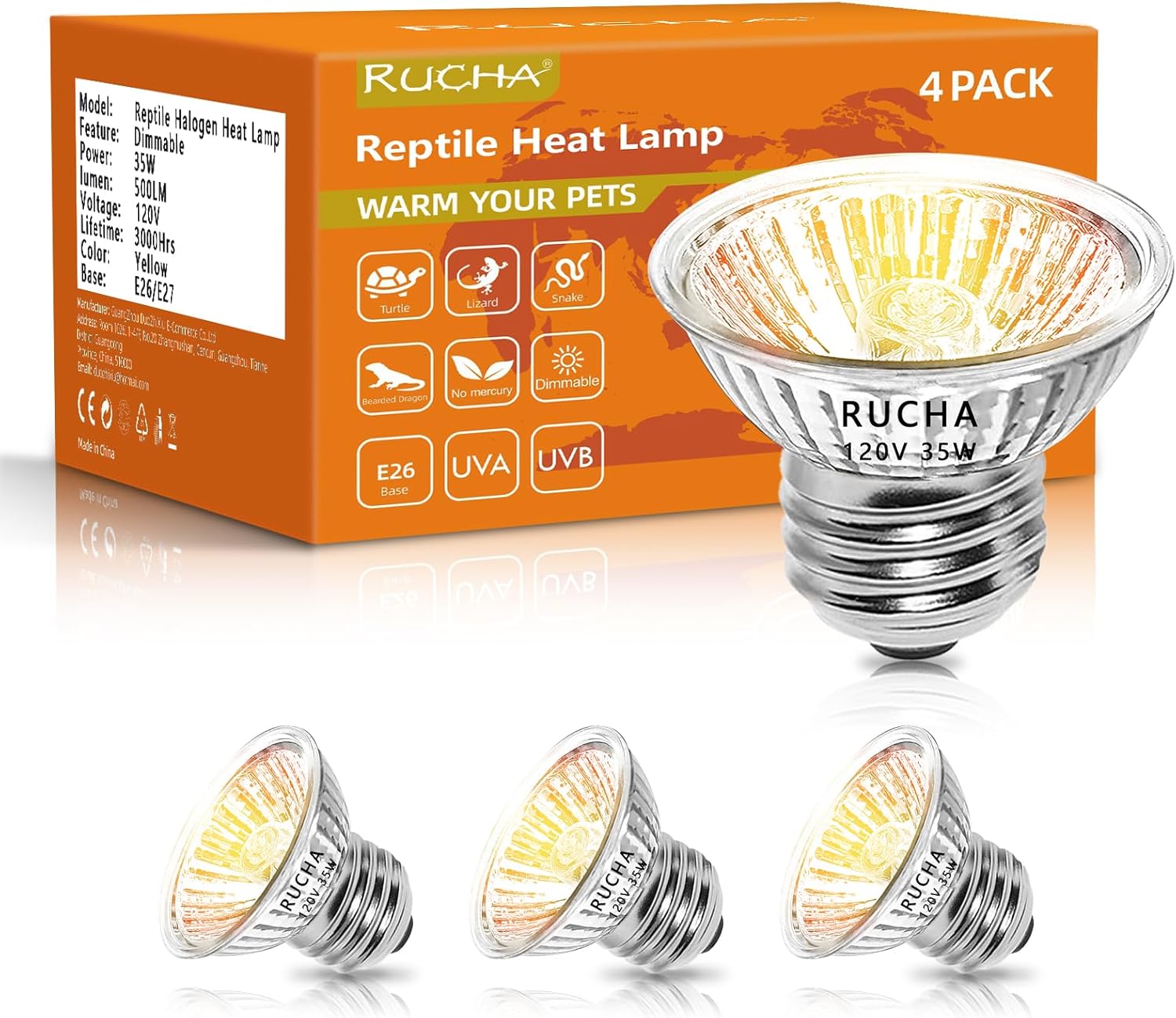 RUCHA Reptile Heat Lamp, 35W Dimmable UVA UVB Light Bulds, Heat lamp for Chickens, Turtle Heat Lamp, Lizard Heat Lamp, Snake Heat Lamp, Beared Dragon Heat Lamp, Amphibians Heat Lamp, 4 Pack