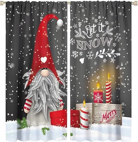 Cortinas de Navidad, gnomo, velas de Navidad, regalos de copo de nieve rojo para sala de estar, dormitorio, decoración con bolsillo para barra,