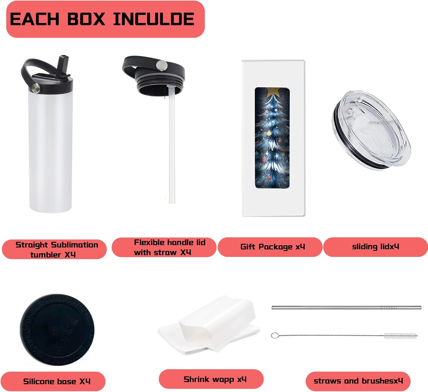 20oz sublimation sport tumblers blanks with two lids,flat edge sublimation tumblers,double wall stainless steel insulted cup,for Heat Transfer, White (4, with flex handle lid) - Image 2