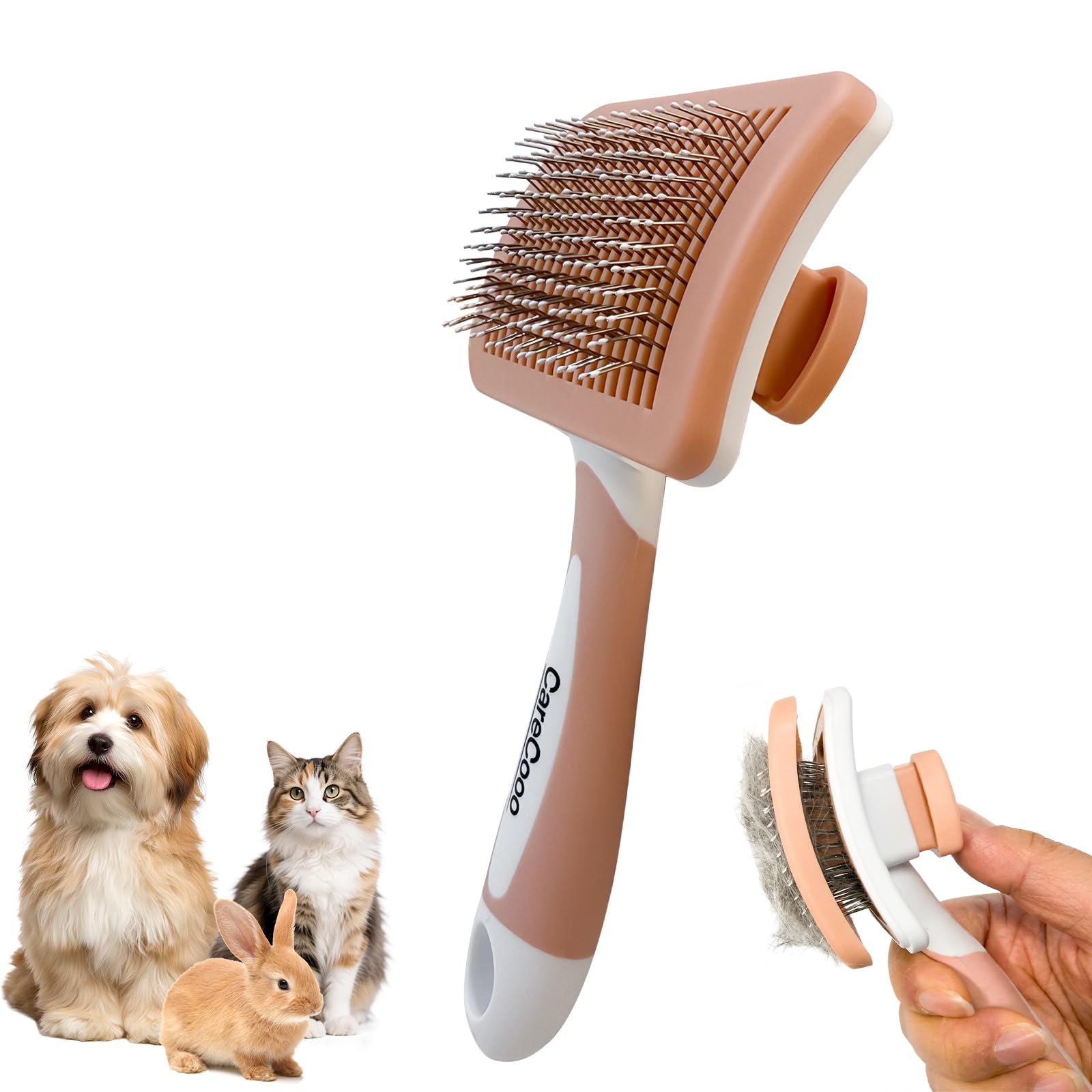 CareCooo Self Cleaning Cat Brush – Deshedding Pet Hair Remover for Long Hair Cats, Dogs – One-Button Slicker Grooming Brush with Massage (Orange M)