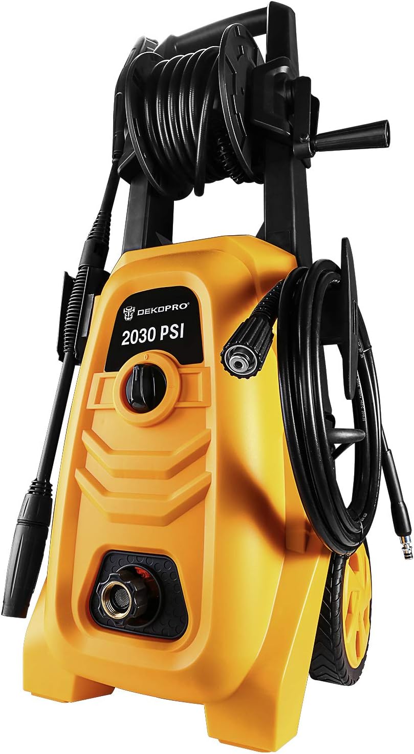 DEKOPRO Electric Pressure Washer 2030 PSI with Power Hose Nozzle Gun,Integrated Hose Reel,Built in Foam Cannon,Orange
