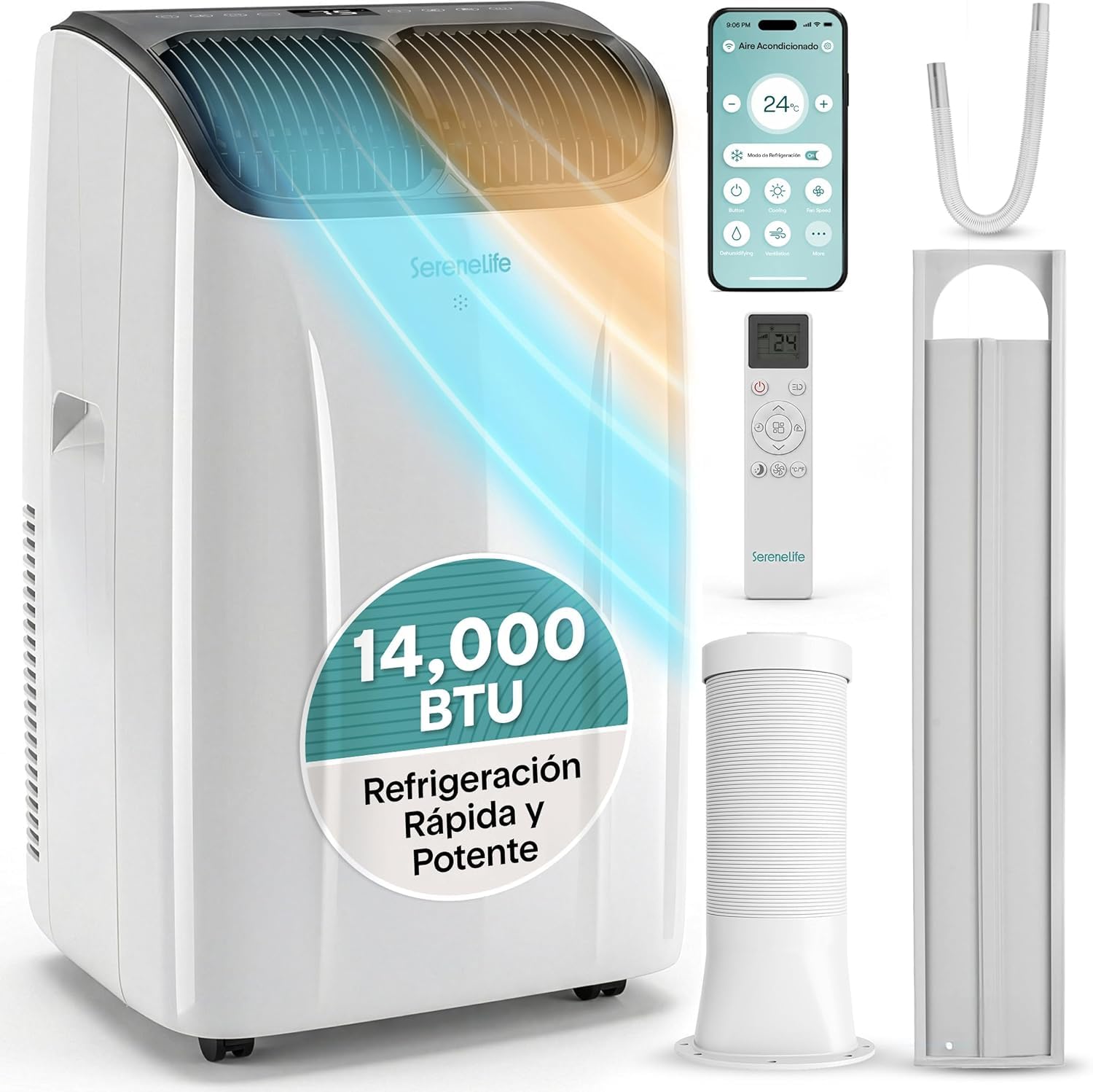 SereneLife Aire Acondicionado Portátil con WiFi, 14000 BTU (3,52 kW), Climatizador 4 en 1: Frío, Calor, Deshumidificador y Ventilador, Control Inteligente por App, Unidad Compacta con Kit de Ventana