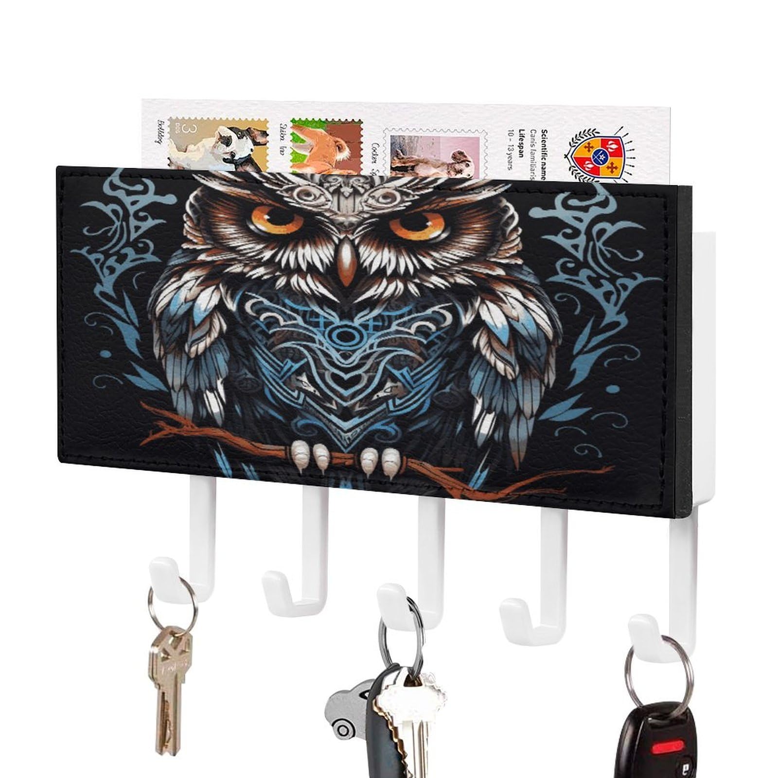 Fekiloot White-Style Owl Key Holder Wall Mount Key And Mail Holder Key Hanger With 5 Hooks Decorative Pu Key Rack Hanging Key Hooks For Wall Living Room Kitchen Bathroom Hallway