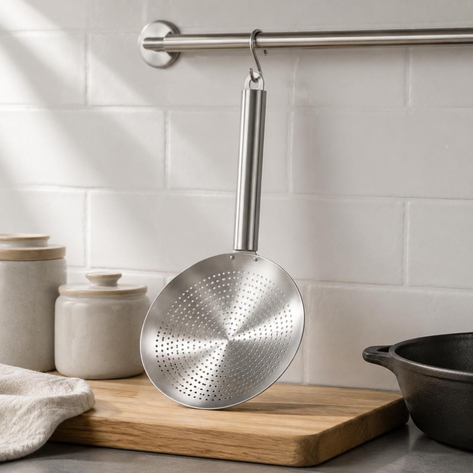 Colador de Acero Inoxidable 316L Cuchara Escurridora Espumadera con Malla Compacta y Cazo Resistente al para Escurrir Aceite Hervir Fideos Tareas de Cocina, 26cm