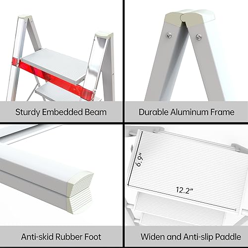 Miniatura 11 de Escalera plegable con 3 taburetes de cocina de aluminio, escaleras ligeras plegables de 330 libras con pedal ancho antideslizante, escalera portátil