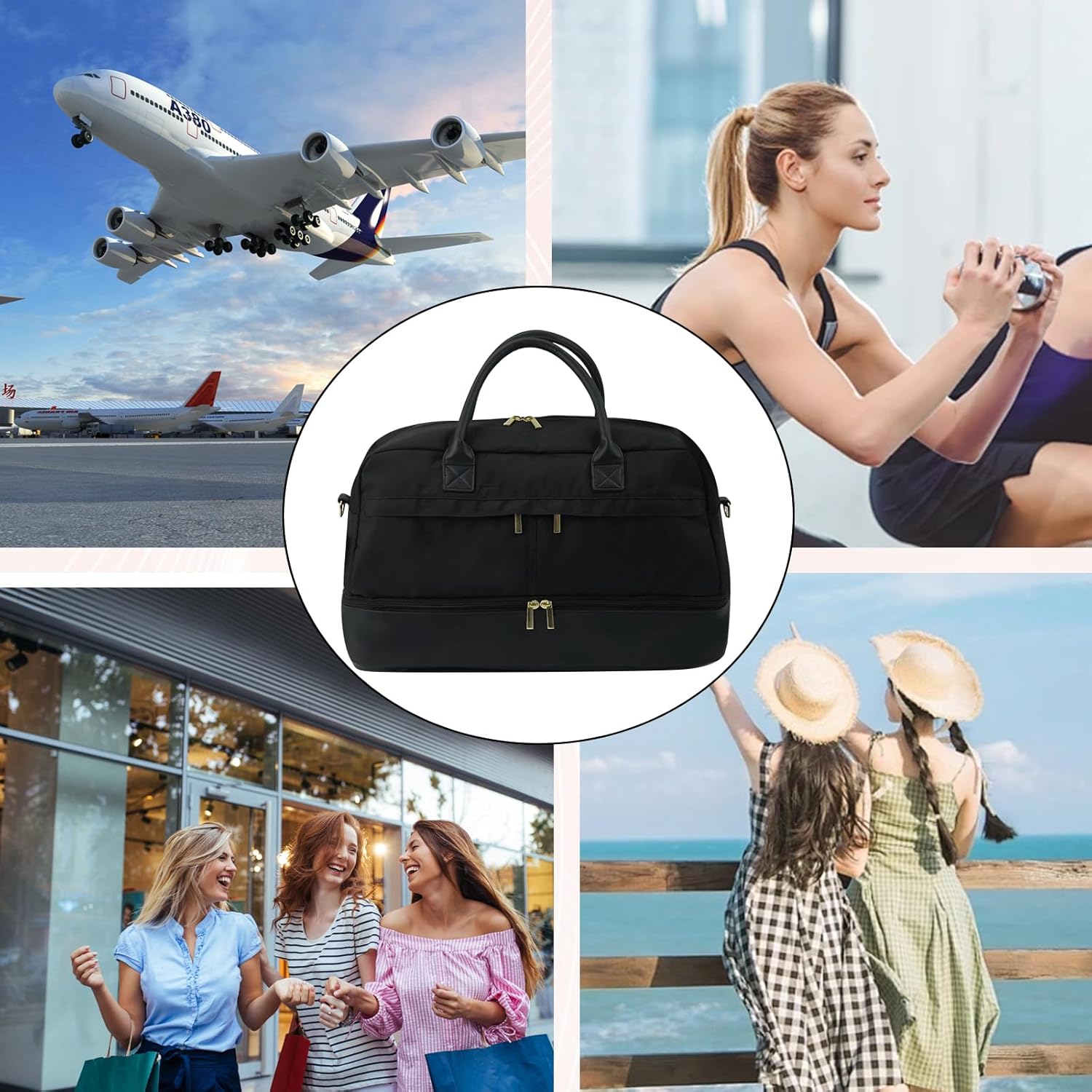 Travel Duffle Bag for Women, Weekender Bag with Shoe Compartment, Carry-On Personal Item, Nylon Gym Tote with Trolley Sleeve, Detachable Adjustable Shoulder Strap, Overnight Travel Tote Bag (Black) - Image 8