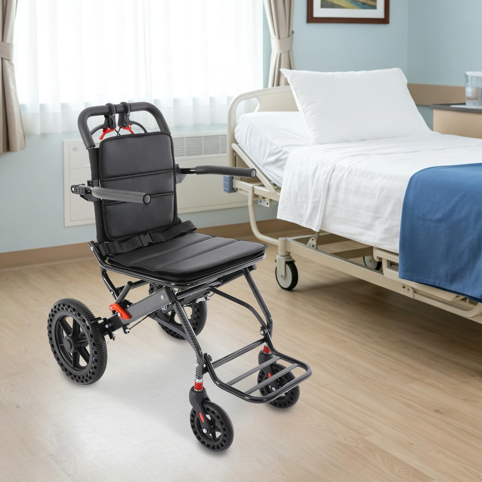 Silla de ruedas plegable de viaje giratoria 270°, con bolsa de almacenamiento, capacidad de carga de 100 kg, para paseos, excursiones, viajes, 54 x 83 x 89 cm