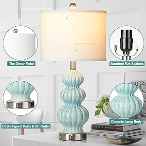 Rinweey Triple Gourd Ceramic Table Lamps Set of 2, Modern Blue Bedside Lamps with USB A+C Ports & AC Outlet, 3 Way Touch Control Contemporary Nightstand Lamps for Bedroom Living Room (Bulb Included)