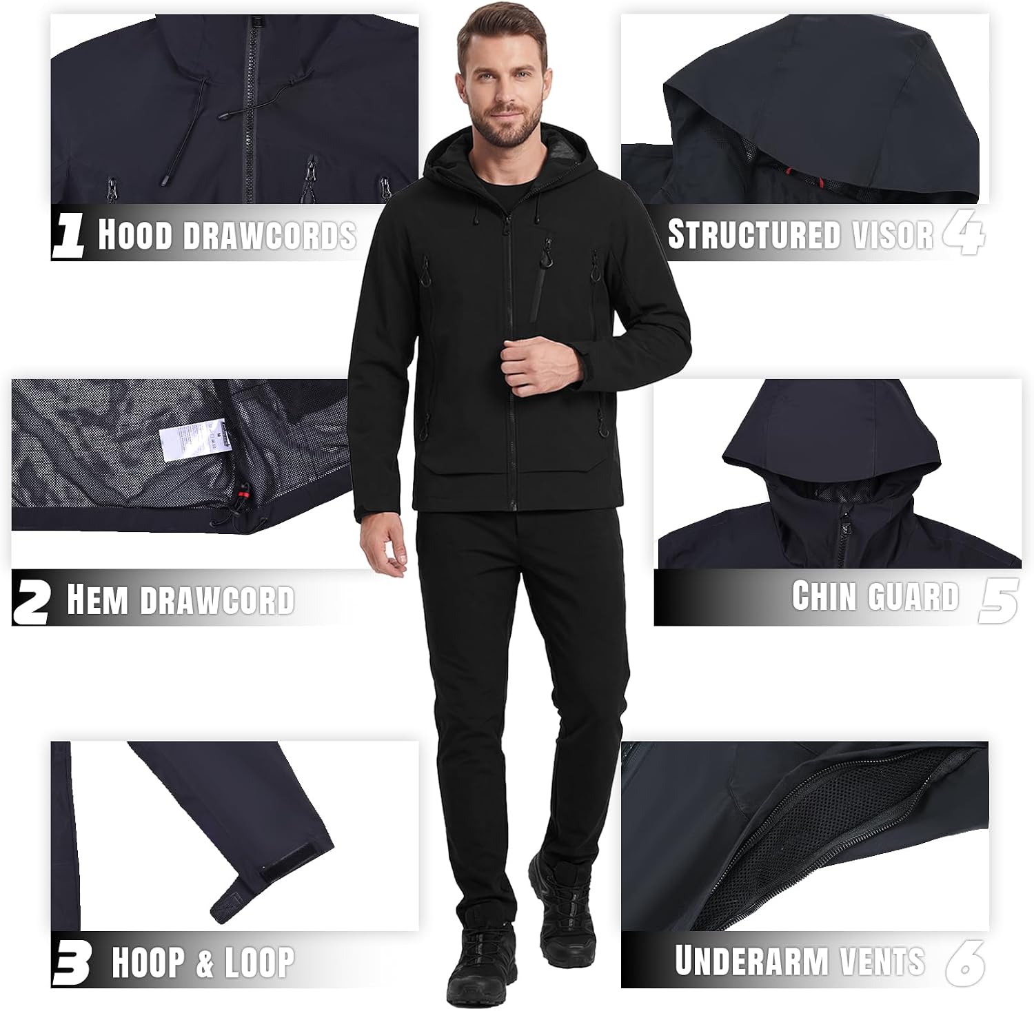 Men's Hooded Softshell Jacket Lightweight Water-Resistant Windproof Breathable Outdoor Hiking Coat with Vent Zippers