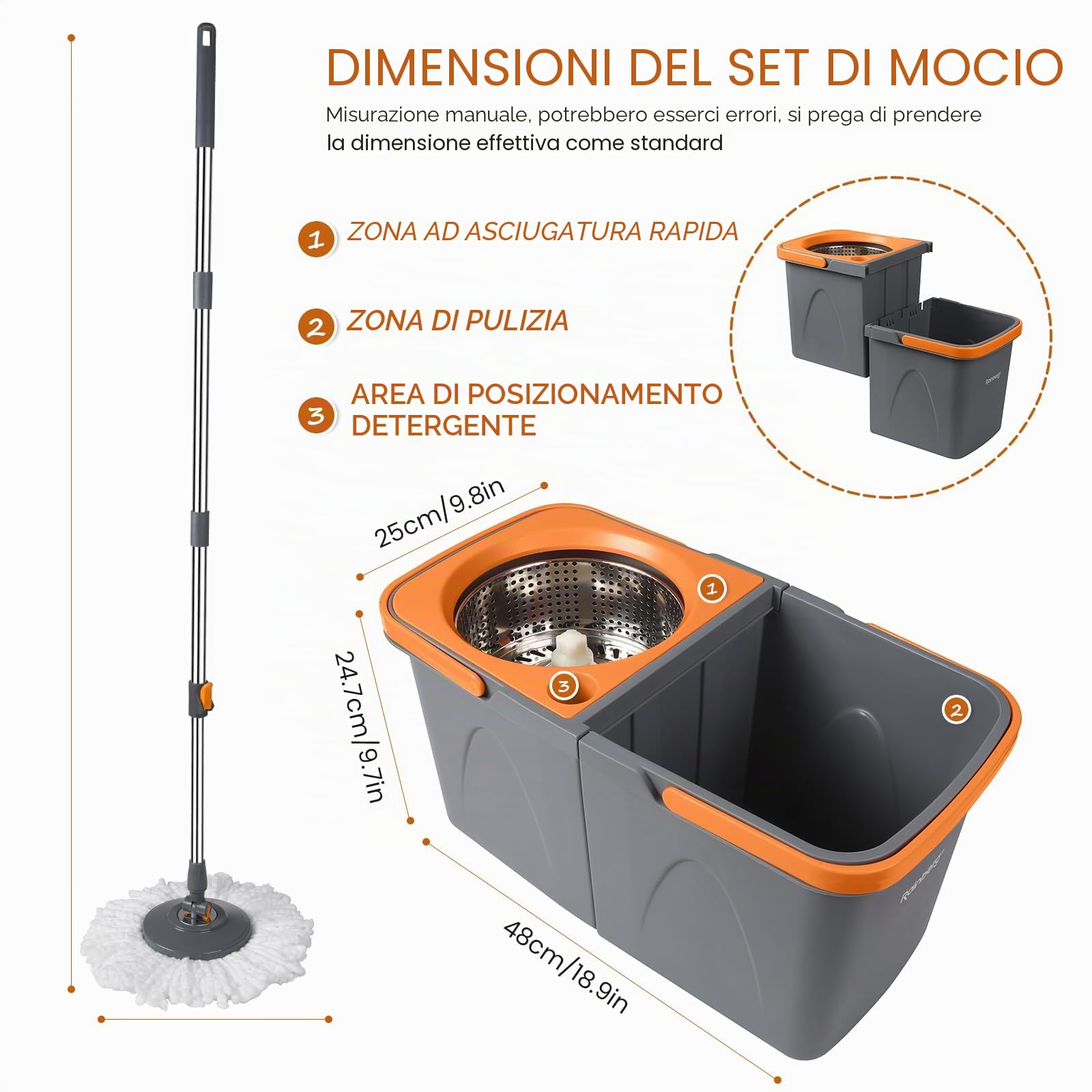 Rainberg Set mocio rotante e secchio con 3 teste extra, manico allungabile da 130 cm, teste in microfibra lavabili in lavatrice, sistema autorestrizzante, grigio e arancione (set mocio rotante)