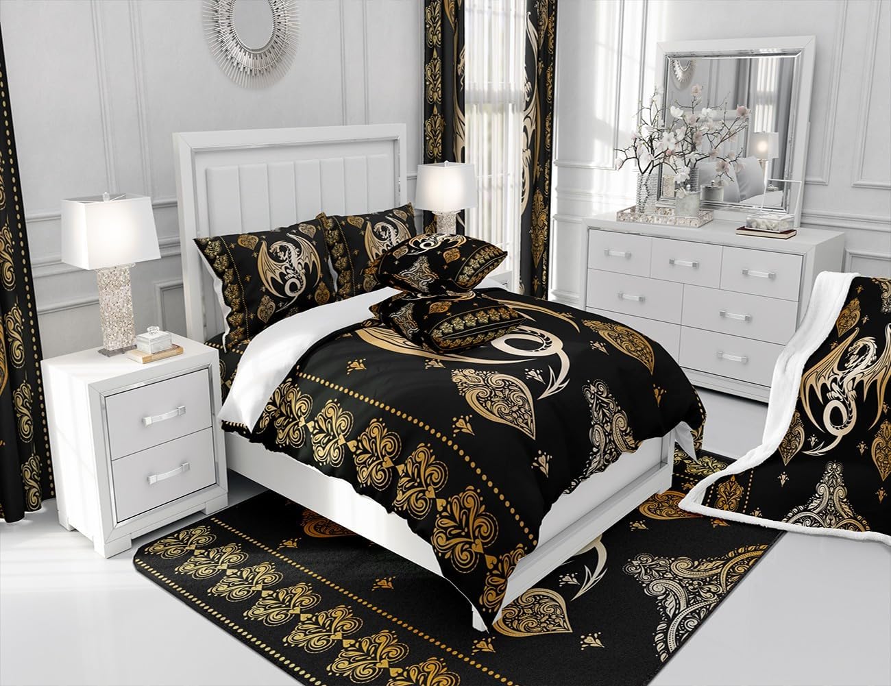 Gold Black Dragon Duvet Cover Set Queen Size,Boho Paisley Floral Bedding Set 3Pcs,Wild Animals Comforter Cover for Kids Boys Adult Men Bedroom Decor,Luxury Exotic Quilt Cover,2 Pillowcases
