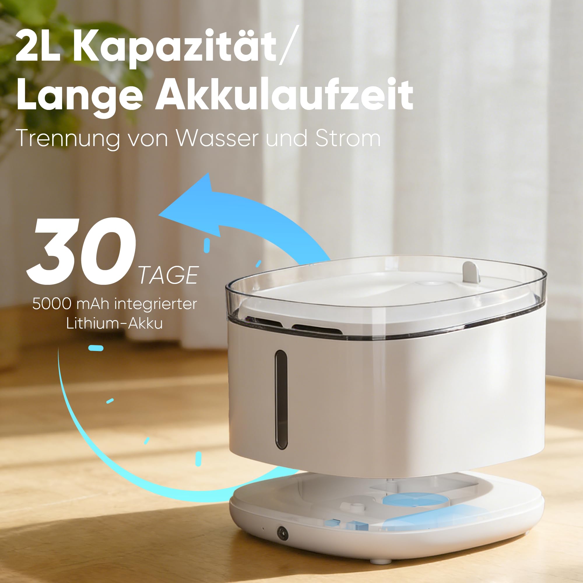 FUKUMARU 2L Trinkbrunnen für Katze Kabellos, Katzenbrunnen Kabellos mit Bewegungsmelder, Batteriebetrieben Katzentrinkbrunnen, 5000mAh, Leise Wasserpumpe, Wasser-Energie-Trennung, weiß