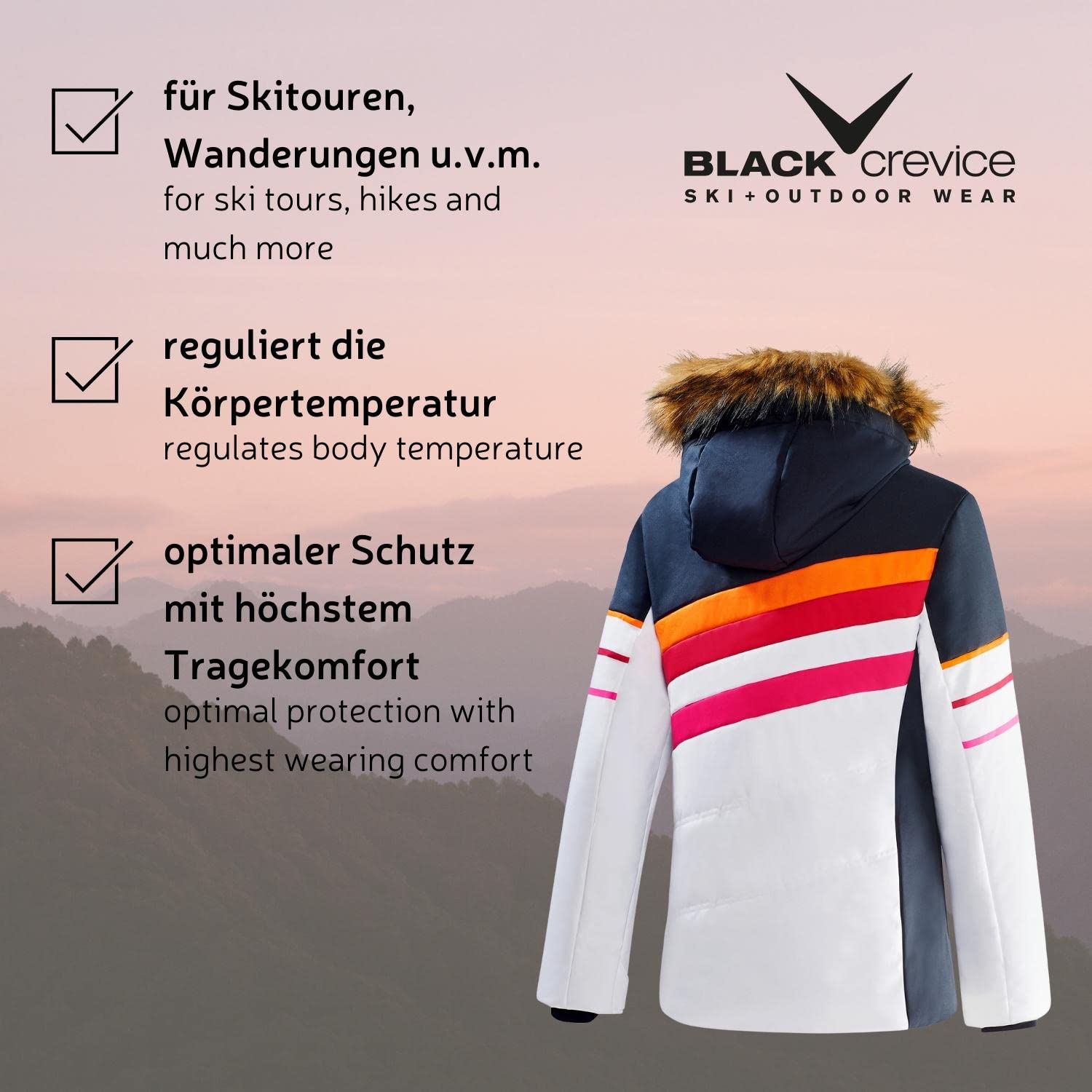 Black Crevice Damen Skijacke I Damen-Skijacke Größen I Wind- & wasserdichte Damen-Funktionsjacke I wasserdichte Reißverschlusstaschen I Ski-Jacke mit Kapuze