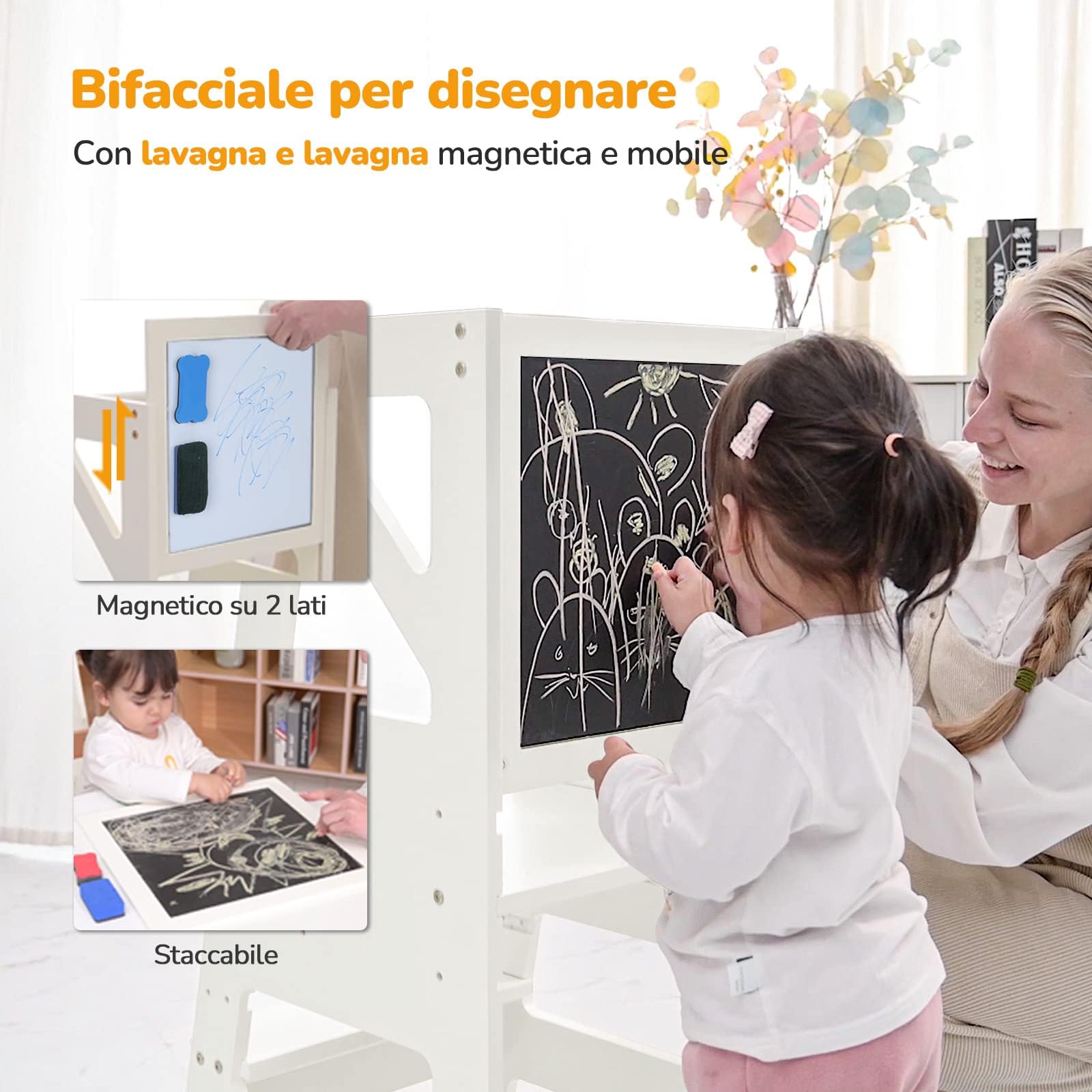 Dripex Torre di Apprendimento per Bambini, Torre Montessoriana in Legno, Learning Tower con Lavagna Magnetica Bifacciale, Regolabile, Sicurezza, Realizzato in legno di alta qualità (Bianco - Classico)