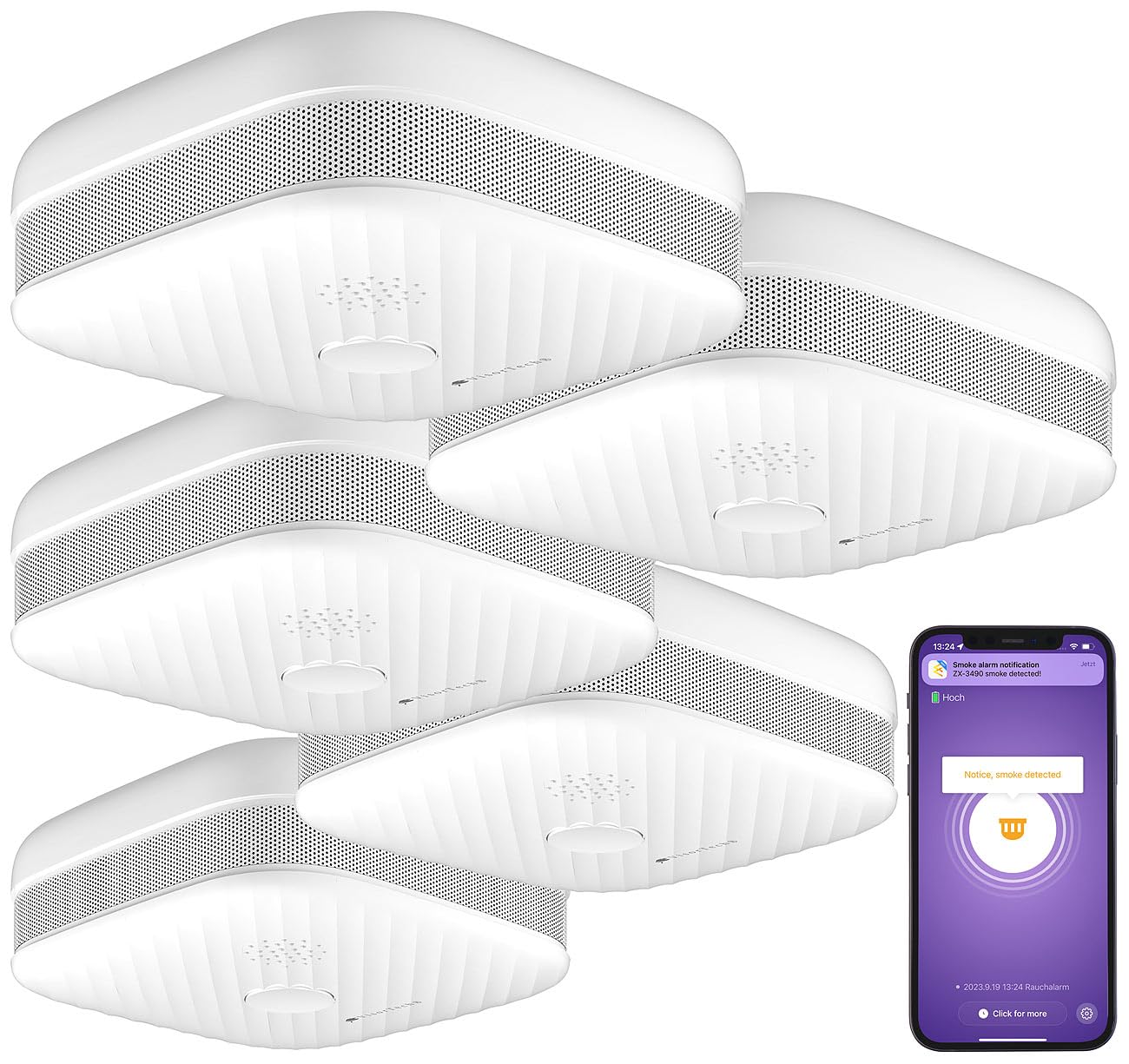 VisorTech app per rilevatore di fumo: set da 5 Rilevatore di fumo e calore WLAN, notifiche push globali, 85 dB (su cellulare, wifi per cellulare, radio)