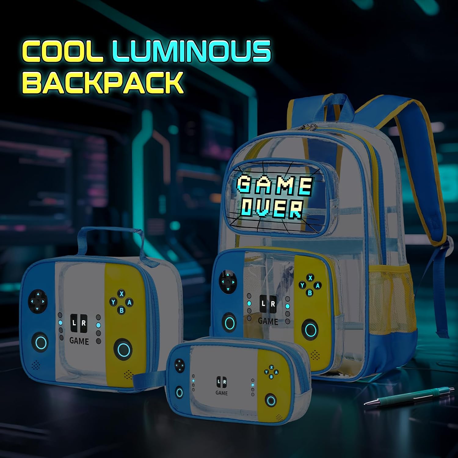 Clear Backpack for Boys, PVC Transparent Cool Luminous Gamer Backpack for Boys Girls Kids Children Teens Elementary Middle School, Clear Bookbag with Lunch Box & Pencil Case Set (Blue Yellow) - Image 3