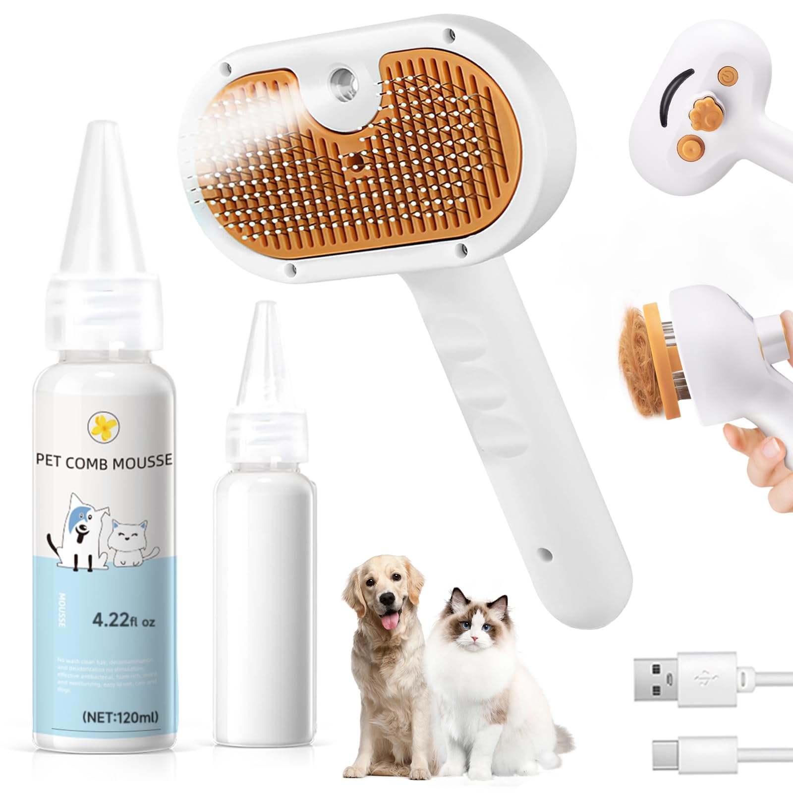 Pet Steam Brush for Dog & Cat – 3-in-1 Spray Hair Removal Comb – Steam for Shedding & Grooming – Water Brush for Long & Short Haired Pets – Spritz Defur Comb – Includes Waterless Shampoo