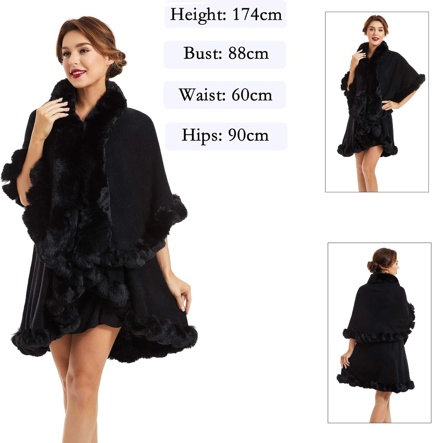 ZLYC Women Fine Knit Open Front Faux Fur Trim Layers Poncho Cape Cardigan Sweater - Image 2